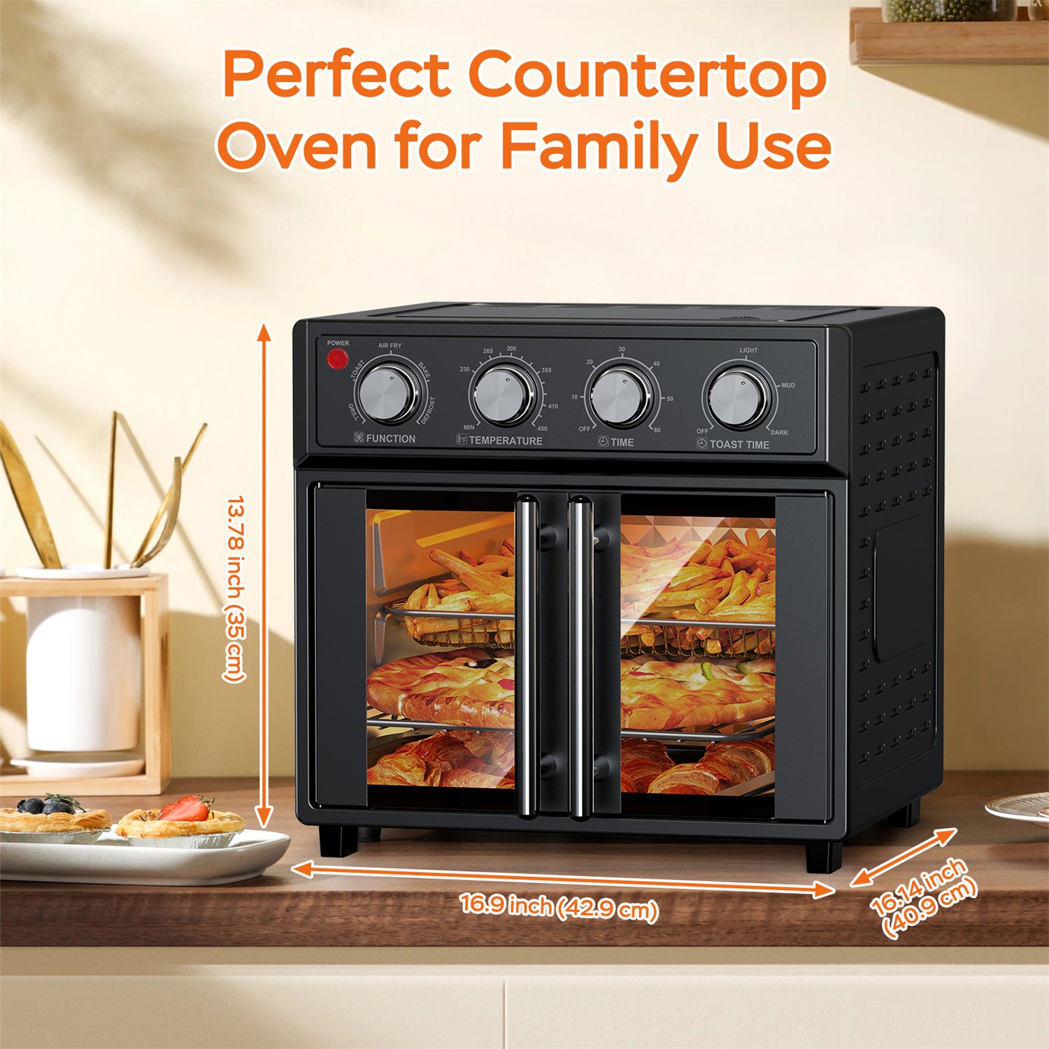 Plum Chef Air Fryer Toaster Oven, 26QT 7-in-1 Convection Countertop Oven with Air Fry, Bake, Grill, Toast, Dehydrate, Perfect for Family Kitchen, Healthy Low Oil Cooking, Ideal Gift, Black - VANELC