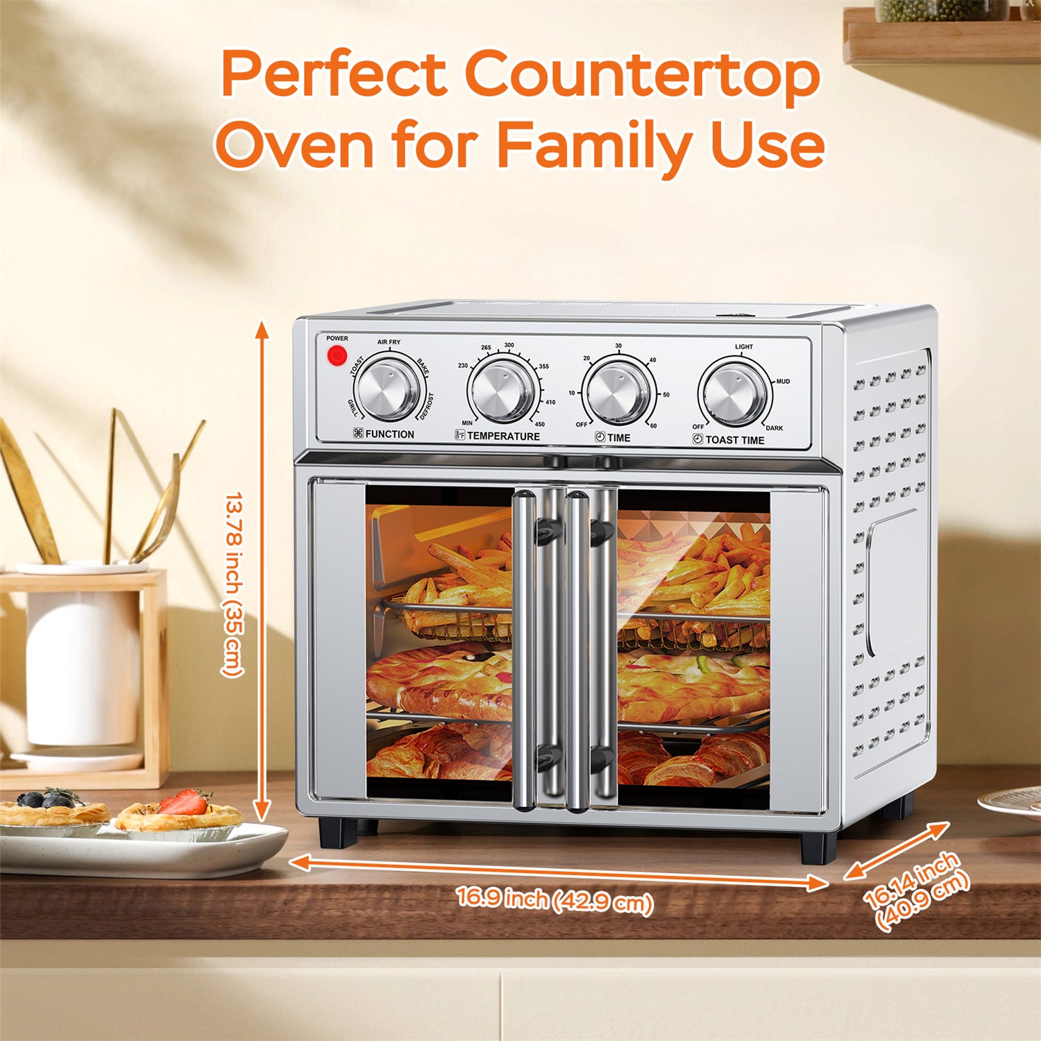 Plum Chef Air Fryer Toaster Oven, 27.5QT 7-in-1 Convection Countertop Oven with Air Fry, Bake, Grill, Toast, Dehydrate, Perfect for Family Kitchen, Healthy Low Oil Cooking, Ideal Gift, Silver - VANELC