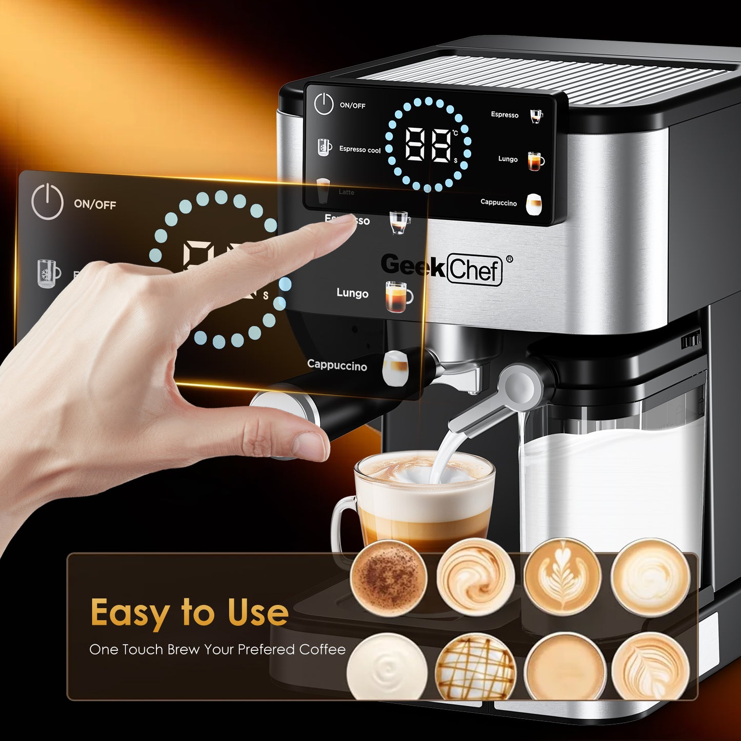 Geek Chef Espresso Machine, 20Bar Espresso Coffee Maker for Cappuccino, Latte, Americano & Cold Brew, with Automatic Milk Frother & Detachable Milk Reservoir, One-Touch Operation, Silver - VANELC
