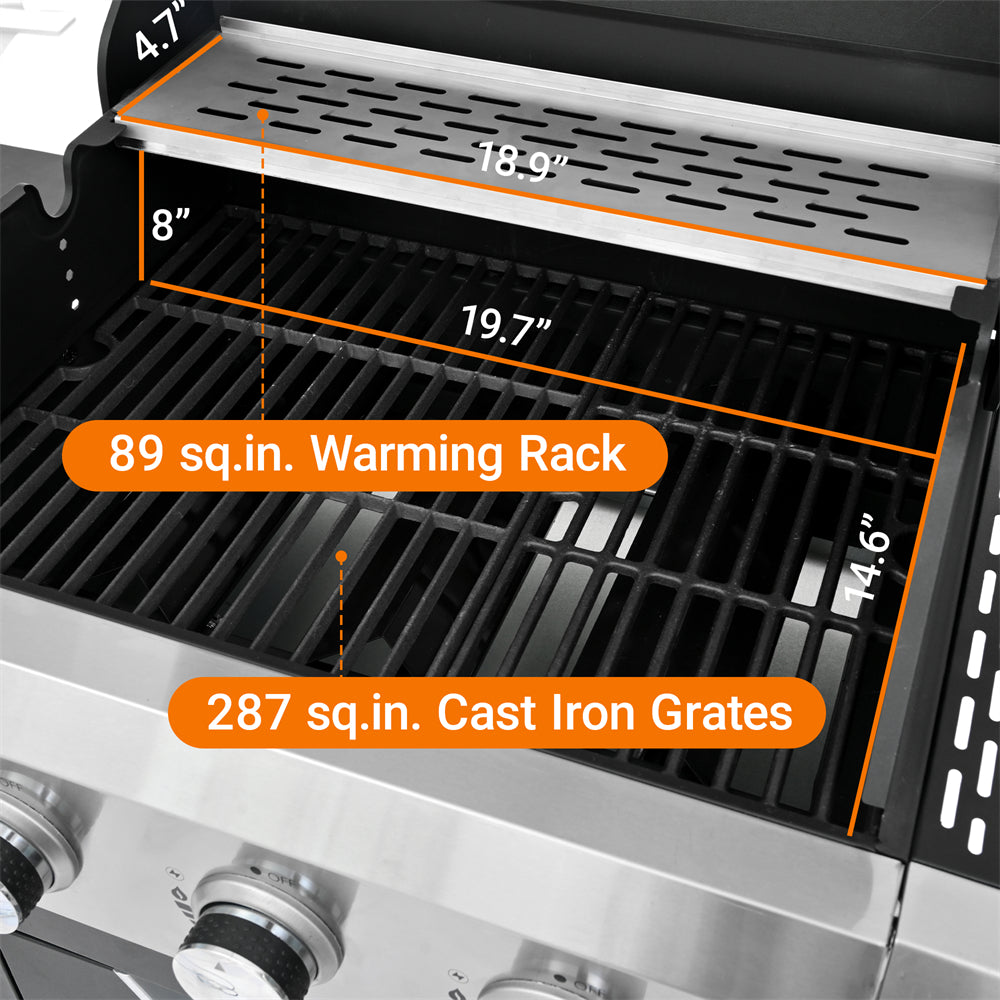 Highsound 3-Burner Propane Gas Grill with Side Burner, 37,000 BTU Outdoor BBQ Grill, Portable Stainless Steel Grill on Wheels for Patio, Garden, Black