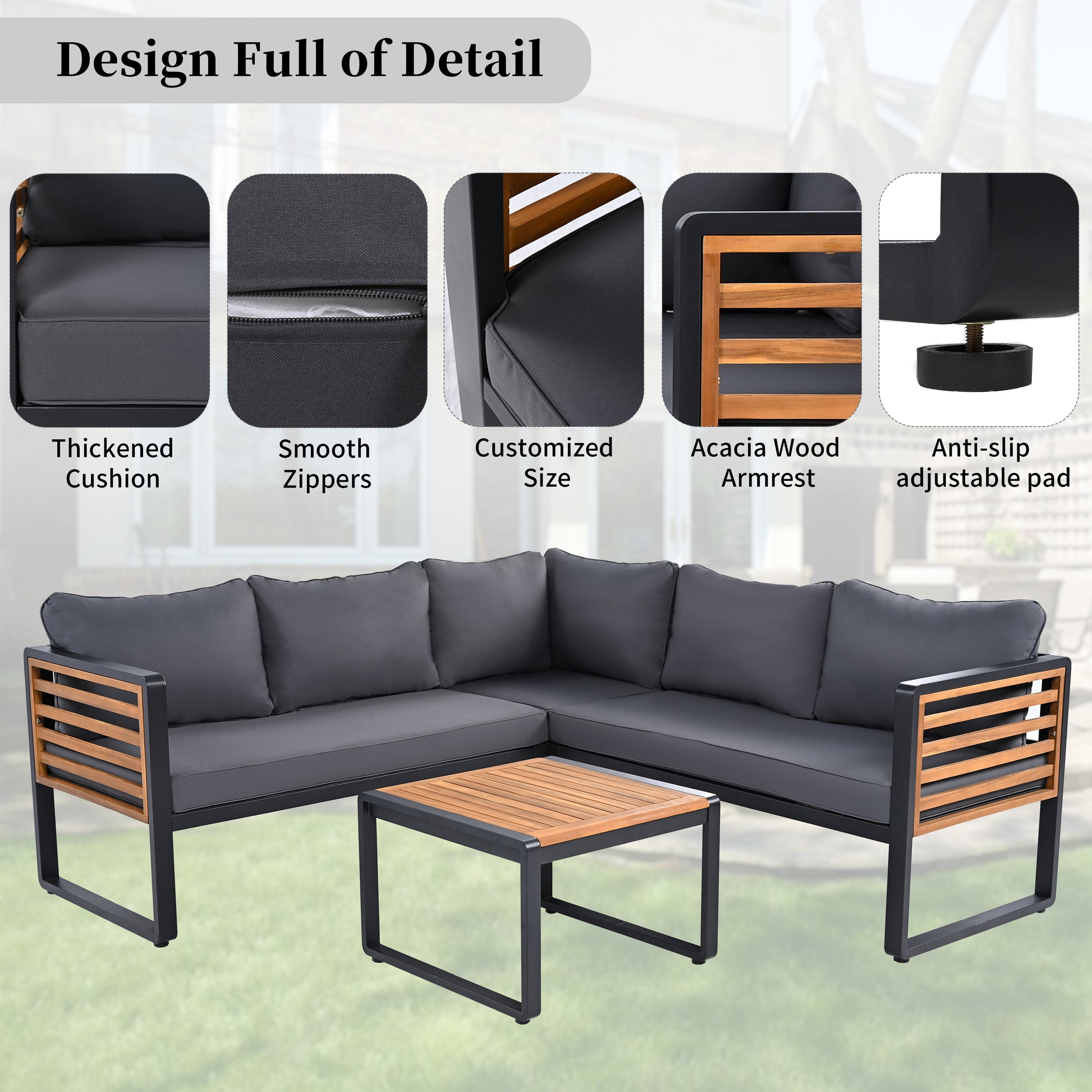 YIORTWO 4 Piece Patio Furniture Set, L-shaped Sofa with Gray Cushions & Acacia Wood Coffee Table, Black Metal Frame, Outdoor Modern Sectional Conversation Sofa Set for Deck, Yard, Porch, Garden - VANELC