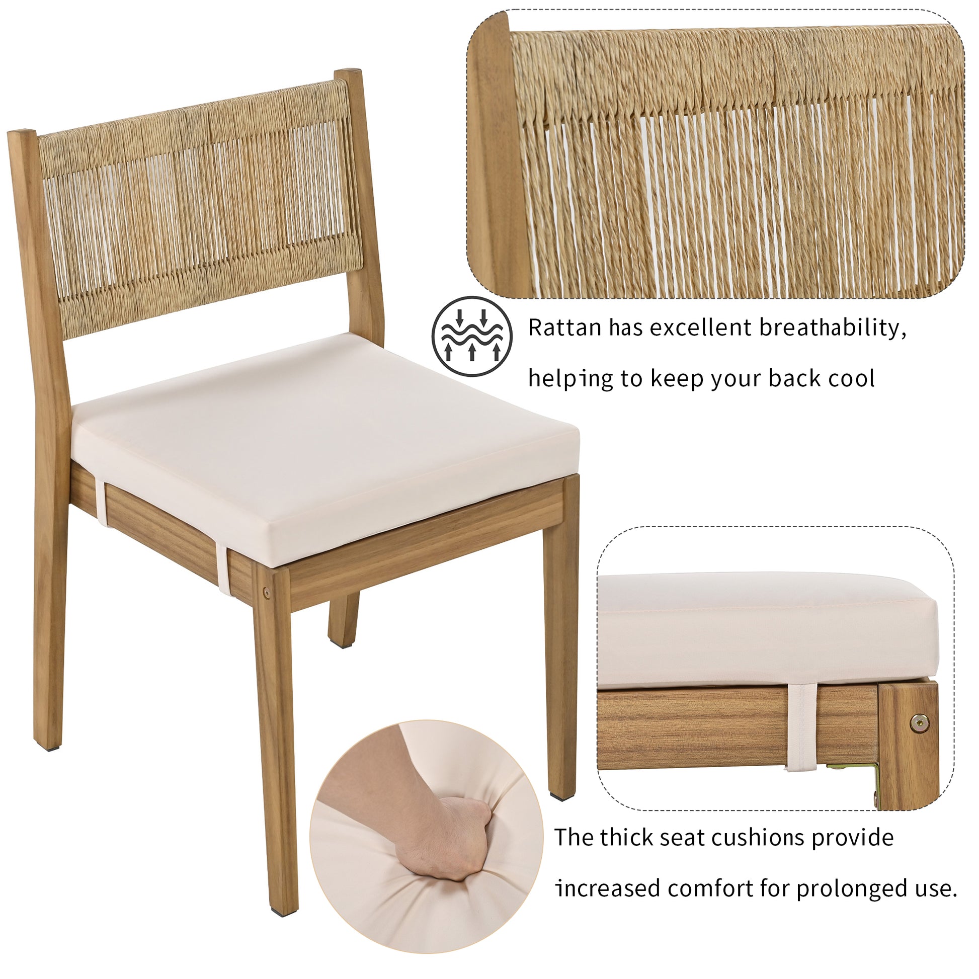 YIORTWO 5-Piece Acacia Wood Outdoor Dining Set with Thick Cushions, 47" Table & 4 Chairs for Patio, Garden, Balcony, Beige - VANELC