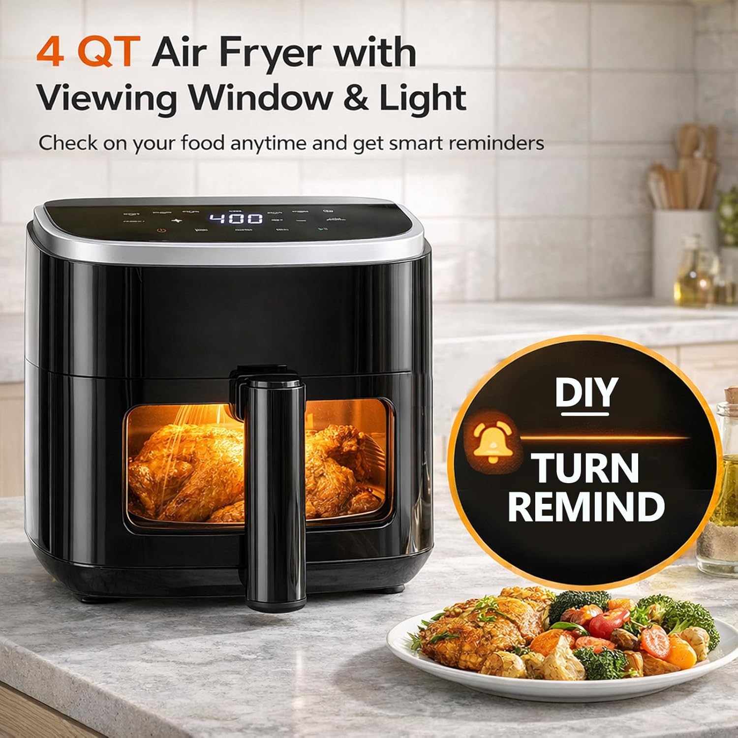 Plum Chef Air Fryer 4 Qt, 8-in-1 Digital Air Fryer with Visible Window, Nonstick Dishwasher-Safe Basket, 60-Min Timer, 1500W, Black – Perfect for Fries, Wings & Baking - VANELC
