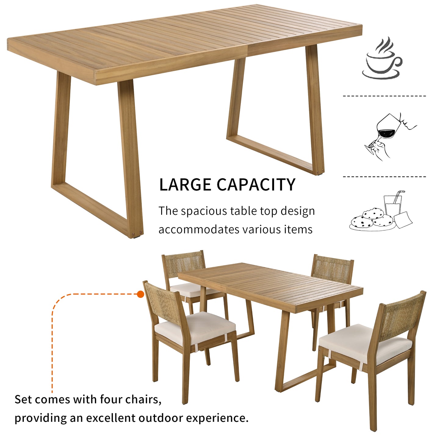 YIORTWO 5-Piece Acacia Wood Outdoor Dining Set with Thick Cushions, 47" Table & 4 Chairs for Patio, Garden, Balcony, Beige - VANELC