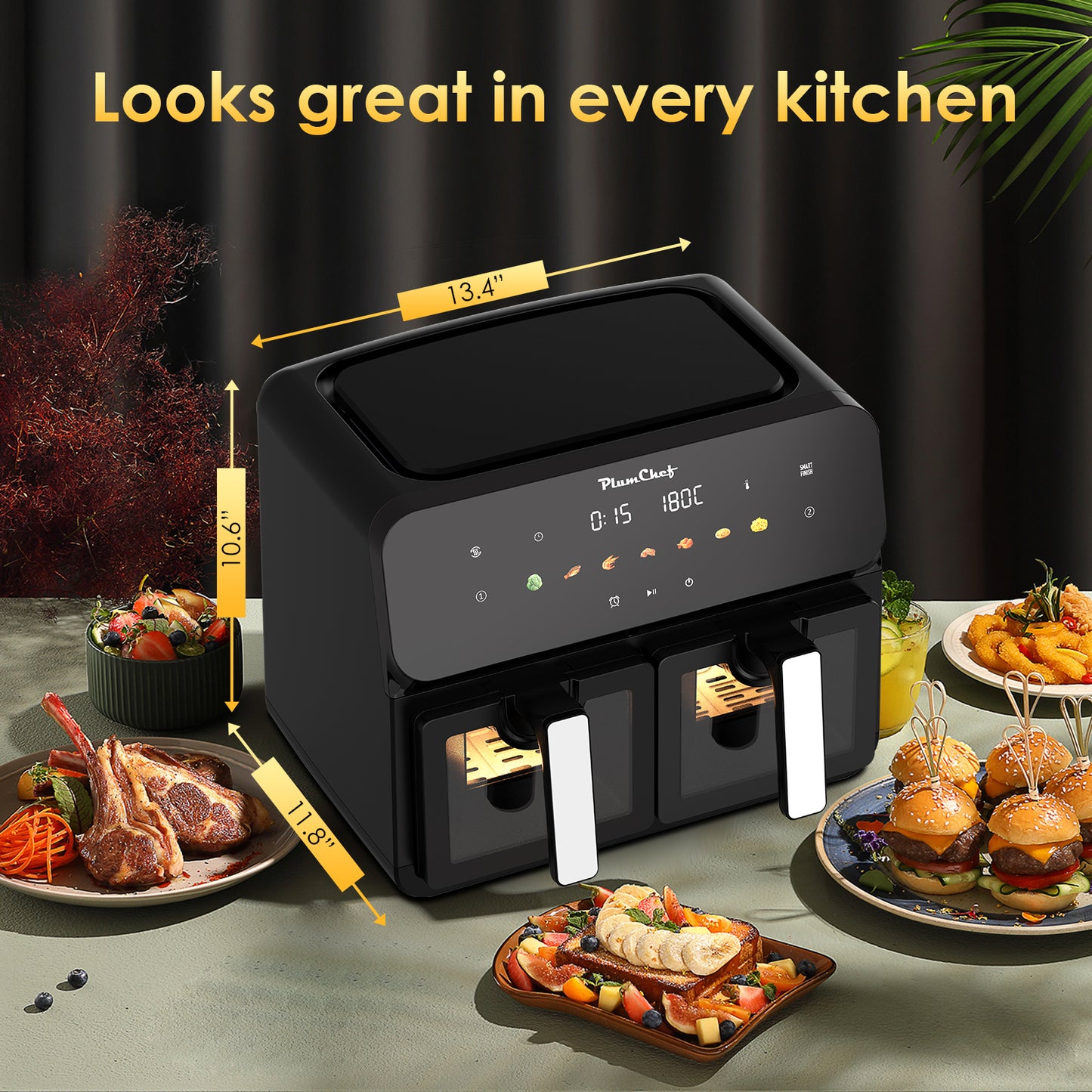 Plum Chef 11-Quart Dual Basket Air Fryer, 2 Independent Cooking Zones with Smart Finish, 1700W 7-in-1 Combo, Black - VANELC