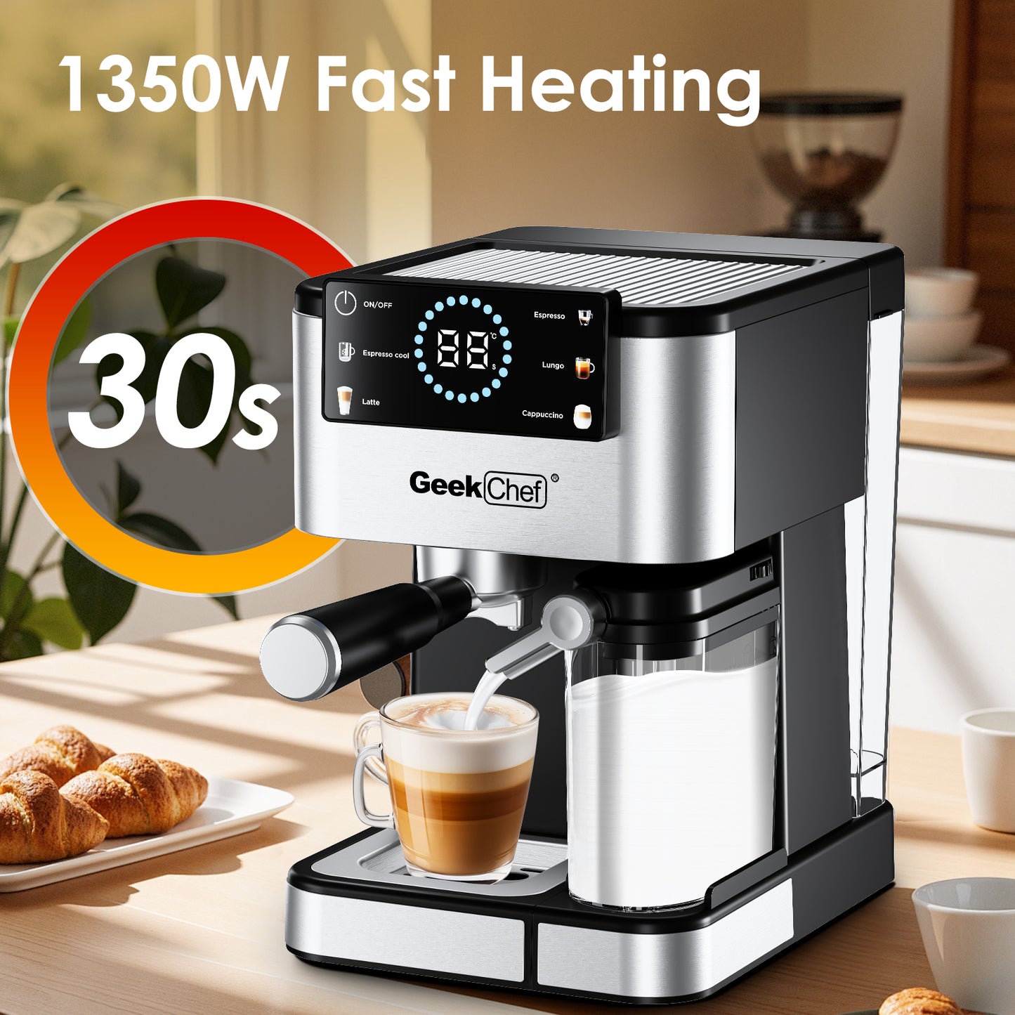 Geek Chef Espresso Machine, 20Bar Espresso Coffee Maker for Cappuccino, Latte, Americano & Cold Brew, with Automatic Milk Frother & Detachable Milk Reservoir, One-Touch Operation, Silver - VANELC