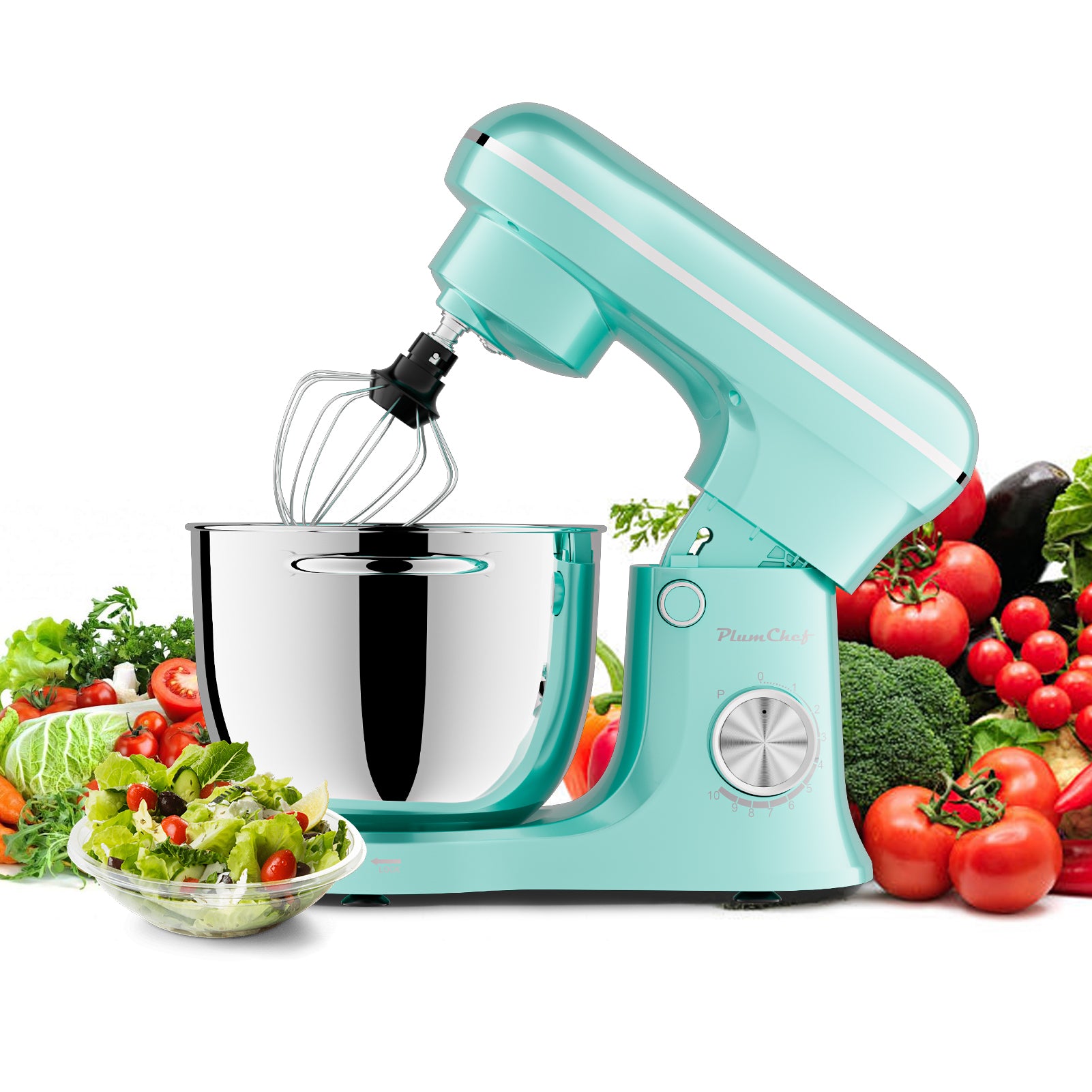 Plum Chef 5QT Stand Mixer with Extra 4.5QT Bowl & Timer, 300W Kitchen Mixer with Dough Hook, Beater, Whisk, 10 Speeds, Perfect for Baking, Retro Blue - VANELC