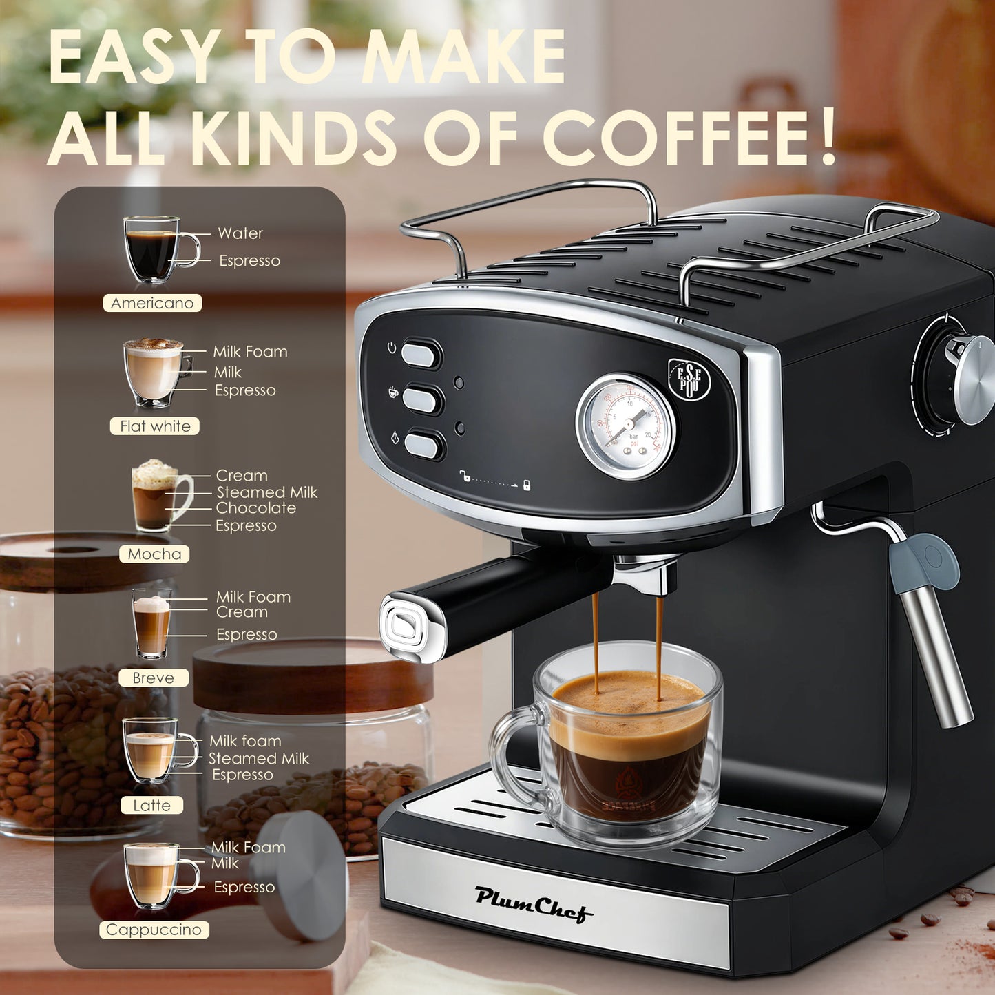 Plum Chef Espresso Machine with Automatic Milk Frother, 20 Bar Cappuccino Machines for Home, Coffee Maker with ESE Filters, 1.8L Water Tank, 1350W, Black - VANELC