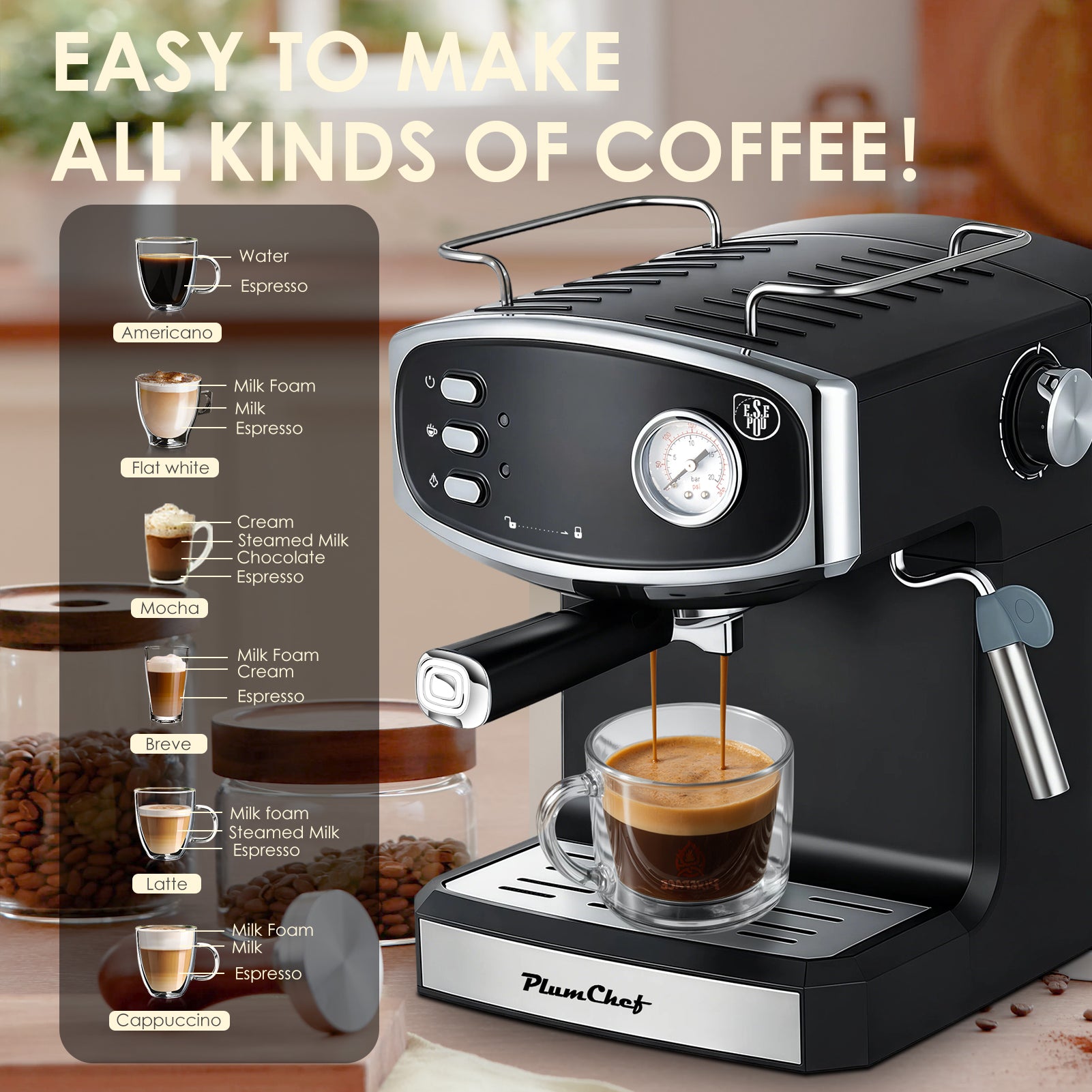 Plum Chef Espresso Machine with Automatic Milk Frother, 20 Bar Cappuccino Machines for Home, Coffee Maker with ESE Filters, 1.8L Water Tank, 1350W, Black - VANELC