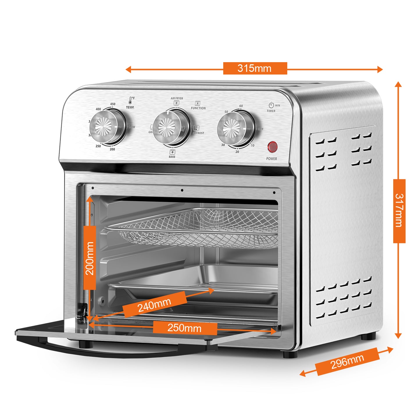 Plum Chef 13QT Air Fryer Toaster Oven Combo, 7-in-1 Multifunctional Countertop Oven with 360° Hot Air Circulation for Healthy Oil-Free Cooking, Family Size, Stainless Steel, Silver - VANELC