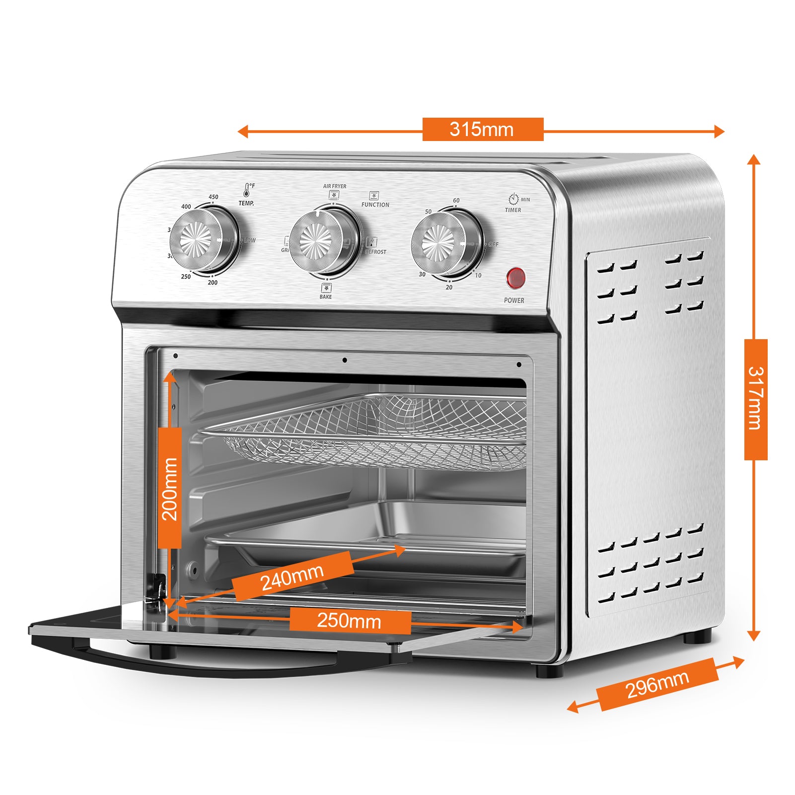 Plum Chef 13QT Air Fryer Toaster Oven Combo, 7-in-1 Multifunctional Countertop Oven with 360° Hot Air Circulation for Healthy Oil-Free Cooking, Family Size, Stainless Steel, Silver - VANELC