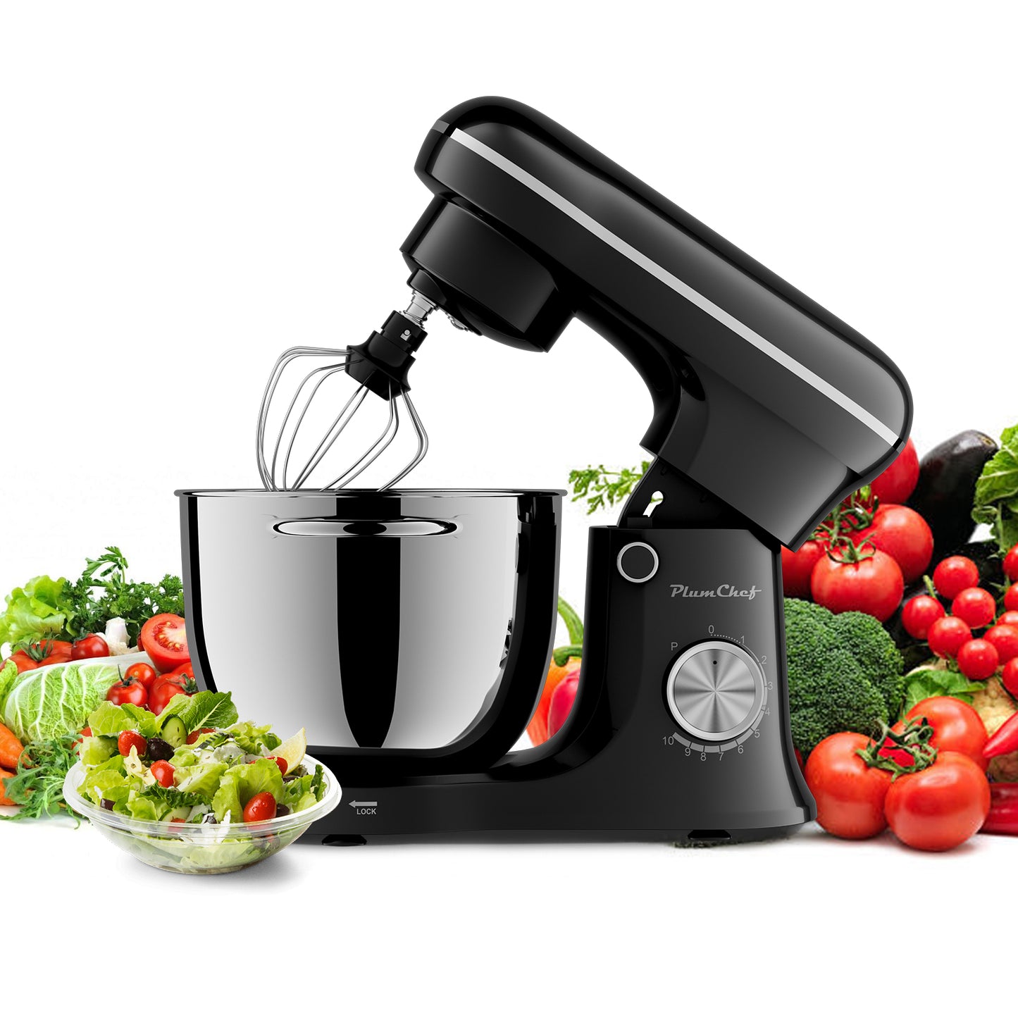 Plum Chef 5QT Stand Mixer, 300W 10-Speed Electric Kitchen Mixer with Dough Hook, Beater & Whisk for Baking, Kneading & Whipping, Black - VANELC