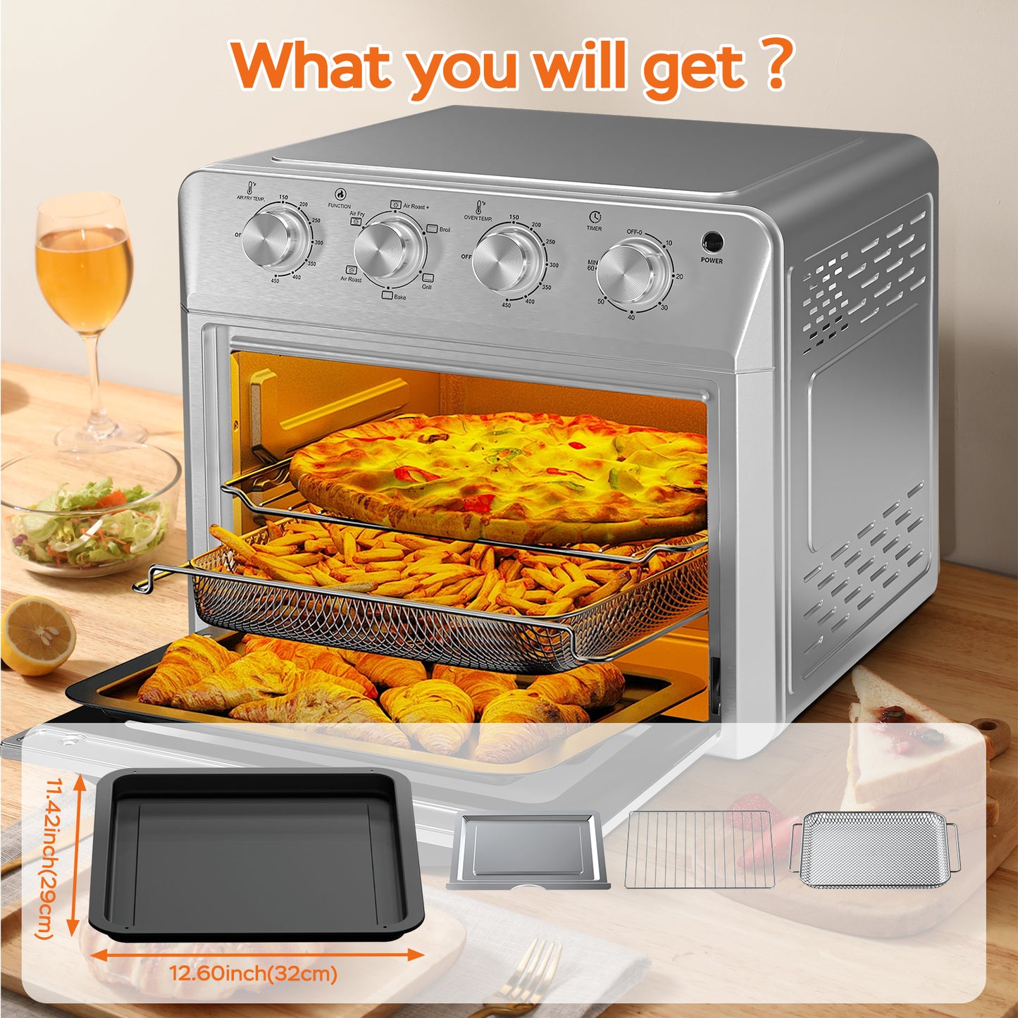 Plum Chef 27.5QT Air Fryer Toaster Oven Combo, Extra Large 7-in-1 Countertop Oven with Bake, Broil, Roast, Toast, Healthy Air Fry Function, 1600W, Digital Controls & 60-Min Timer, Silver - VANELC