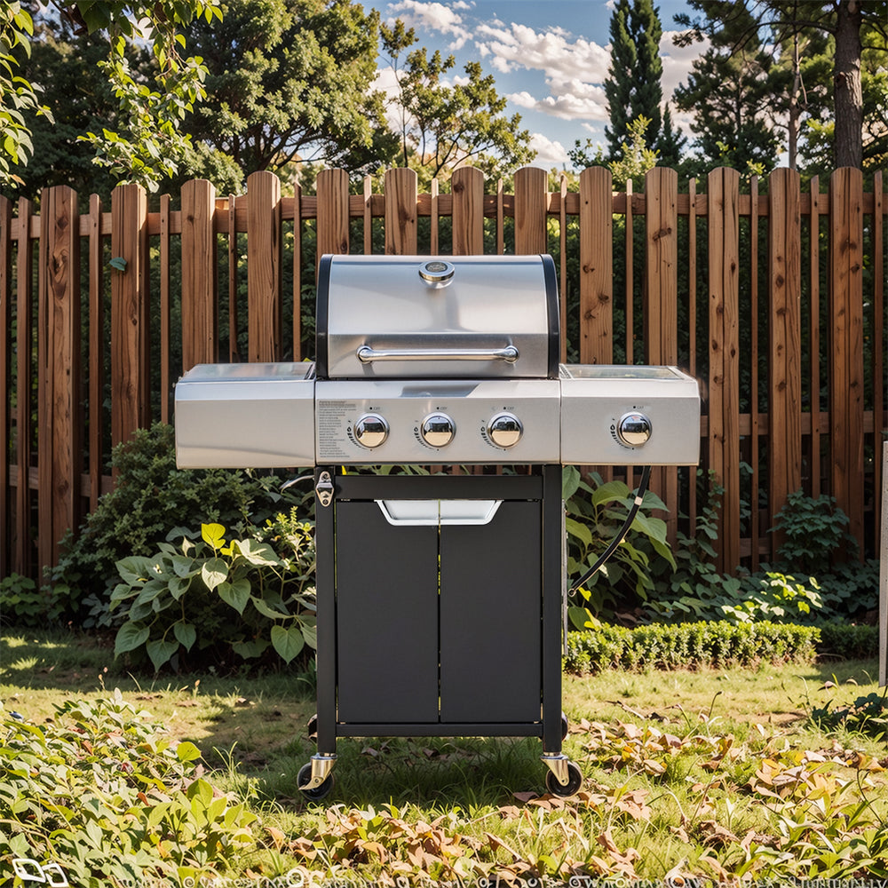 Highsound 3-Burner Propane Gas Grill with Side Burner, 37,000 BTU Outdoor BBQ Grill, Portable Stainless Steel Grill on Wheels for Patio, Garden, Black