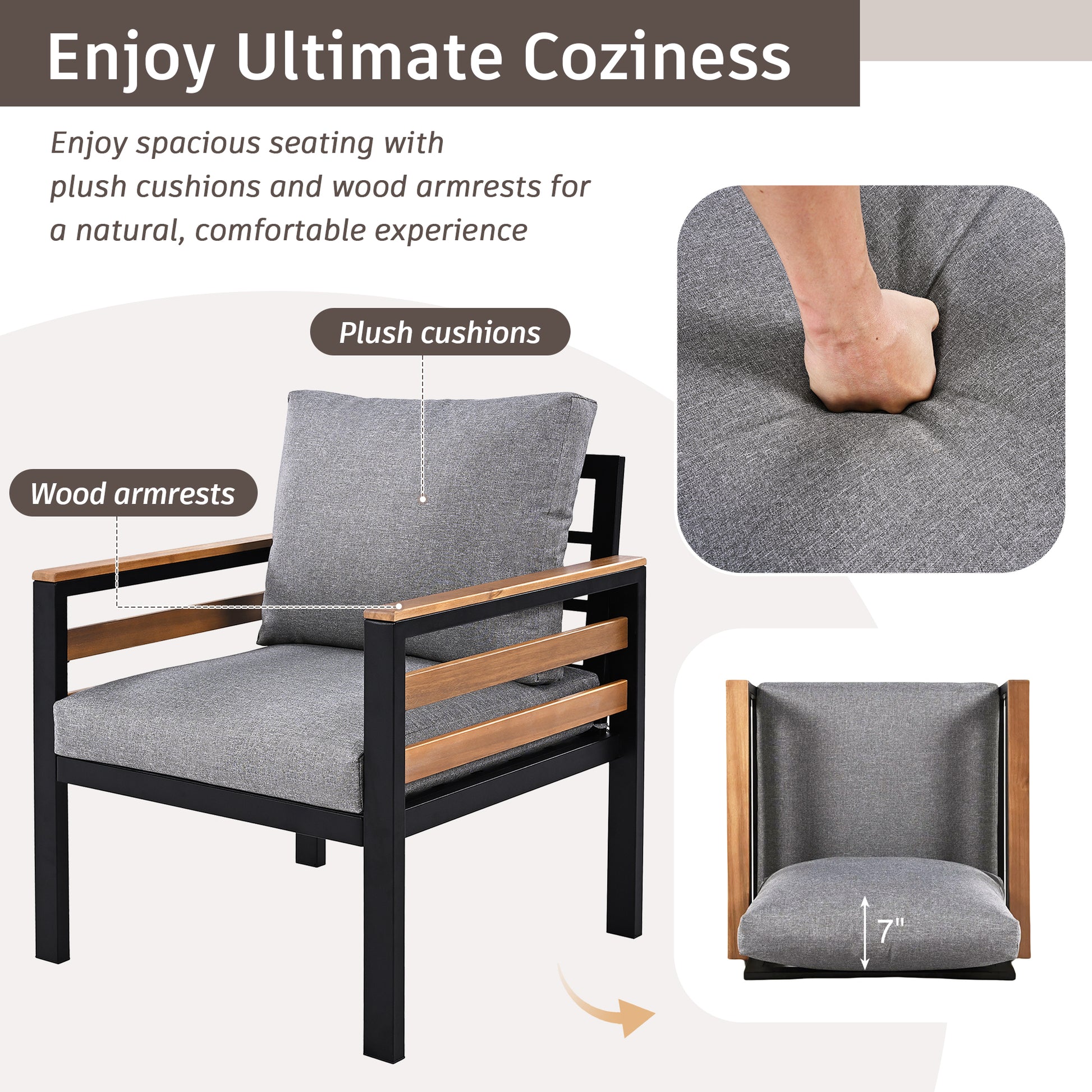 YIORTWO Patio Furniture Set, 4 Piece Outdoor Patio Furniture with Coffee Table Set, Metal Patio Conversation Sets with Washable and High-Resiliency Sponge Cushions, Gray - VANELC