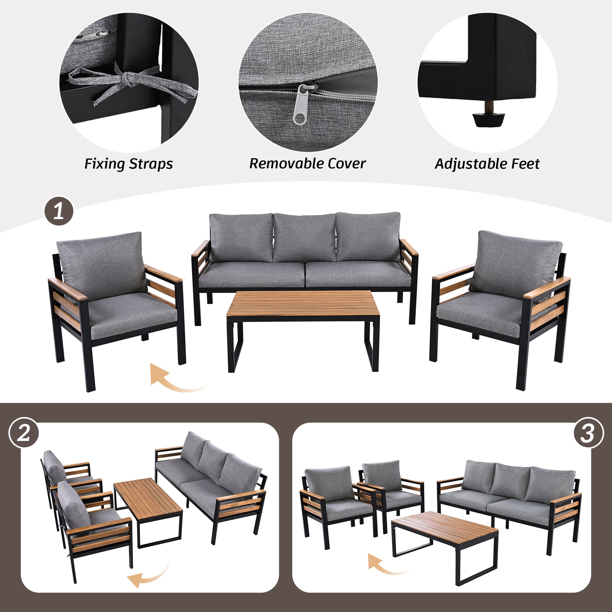 YIORTWO Patio Furniture Set, 4 Piece Outdoor Patio Furniture with Coffee Table Set, Metal Patio Conversation Sets with Washable and High-Resiliency Sponge Cushions, Gray - VANELC