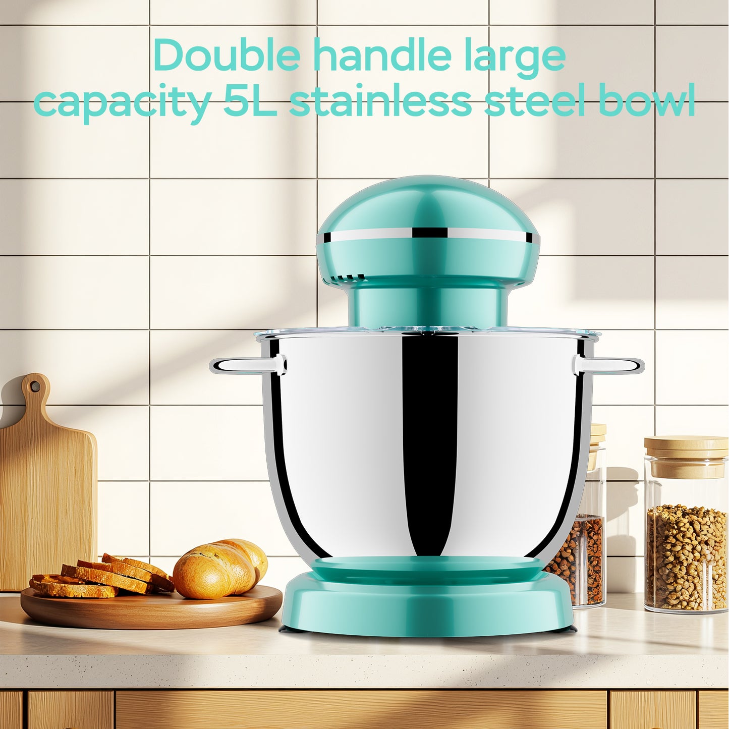 Plum Chef 5QT Stand Mixer with Extra 4.5QT Bowl & Timer, 300W Kitchen Mixer with Dough Hook, Beater, Whisk, 10 Speeds, Perfect for Baking, Retro Blue - VANELC