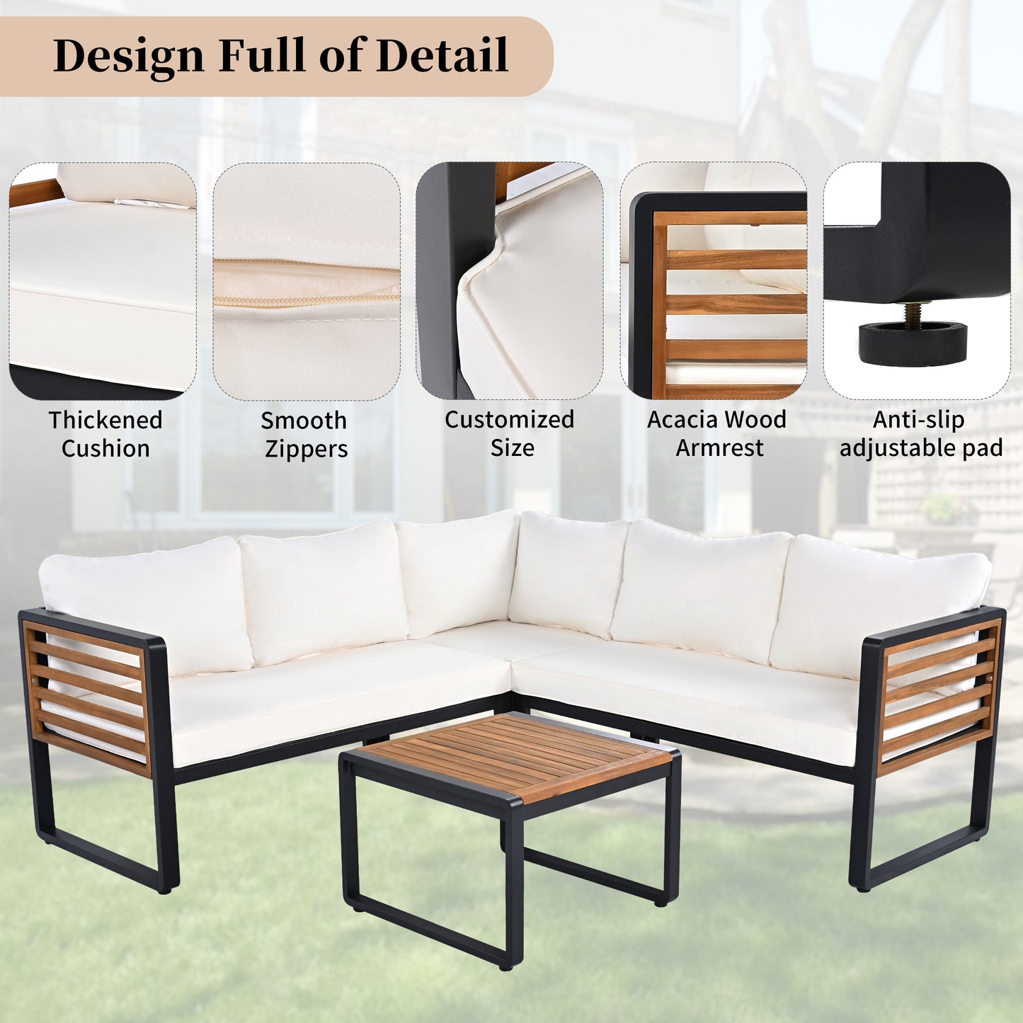 YIORTWO 4 Piece Patio Furniture Set, L-shaped Sofa with Beige Cushions & Acacia Wood Coffee Table, Black Metal Frame, Outdoor Modern Sectional Conversation Sofa Set for Deck, Yard, Porch, Garden - VANELC