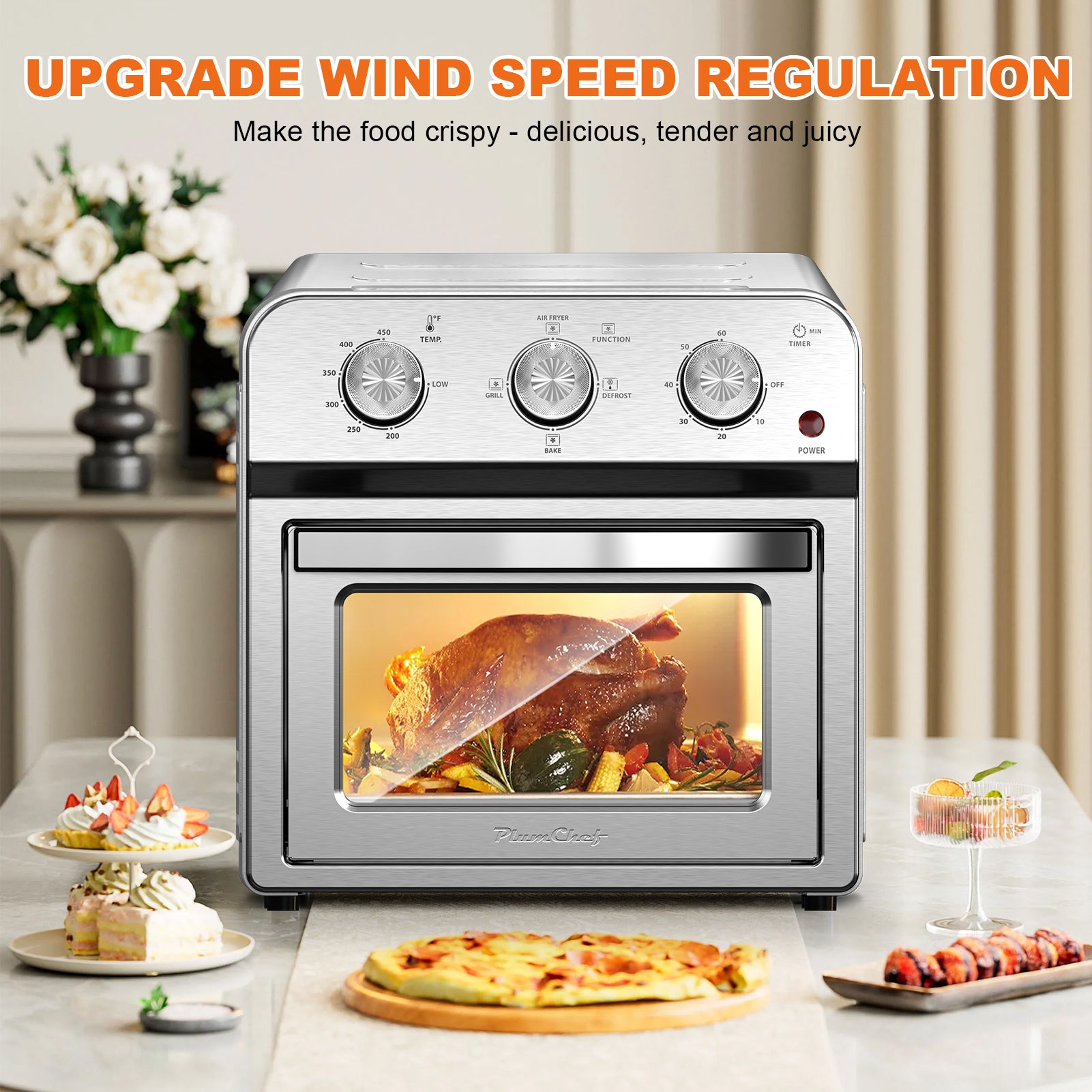 Plum Chef 13QT Air Fryer Toaster Oven Combo, 7-in-1 Multifunctional Countertop Oven with 360° Hot Air Circulation for Healthy Oil-Free Cooking, Family Size, Stainless Steel, Silver - VANELC