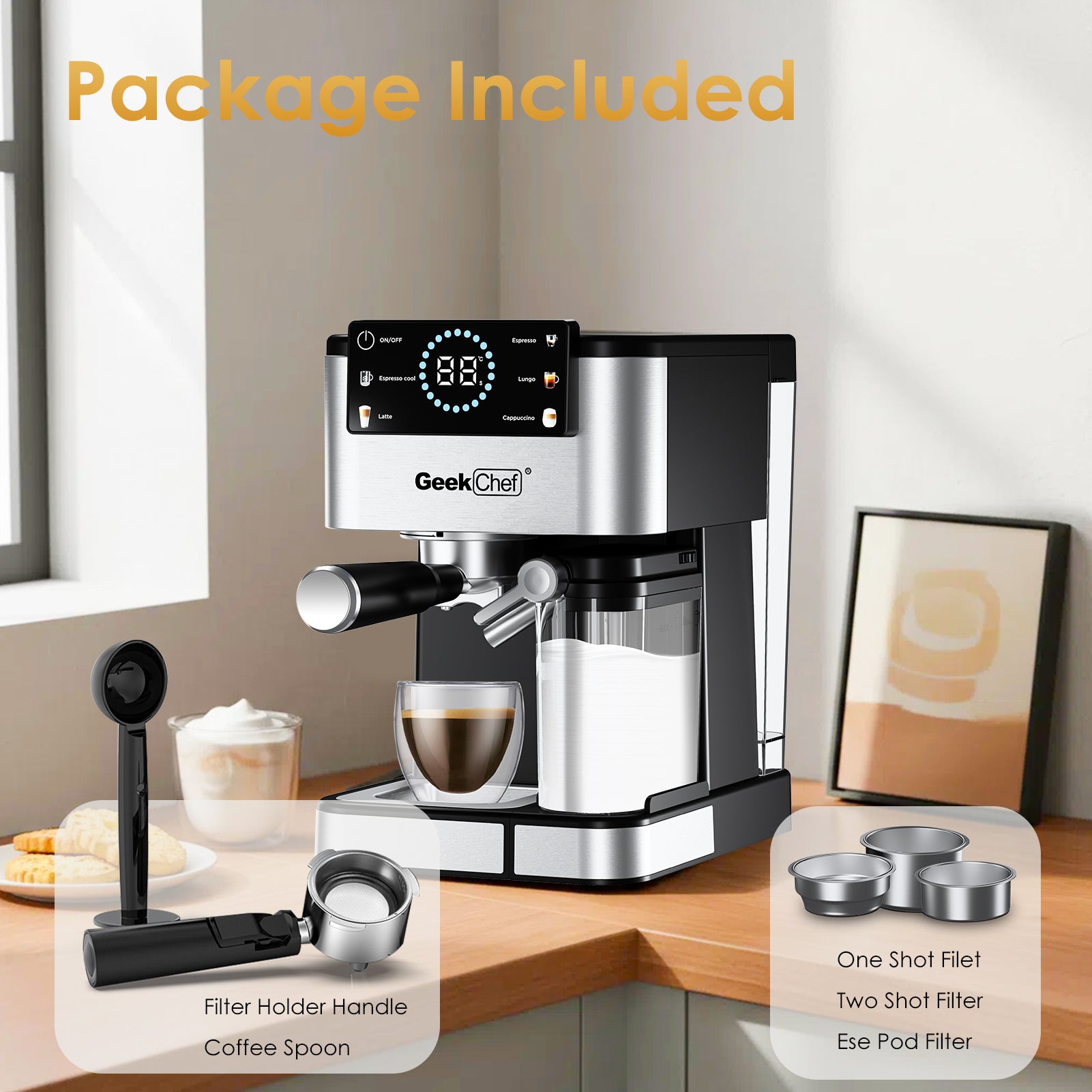 Geek Chef Espresso Machine, 20Bar Espresso Coffee Maker for Cappuccino, Latte, Americano & Cold Brew, with Automatic Milk Frother & Detachable Milk Reservoir, One-Touch Operation, Silver - VANELC