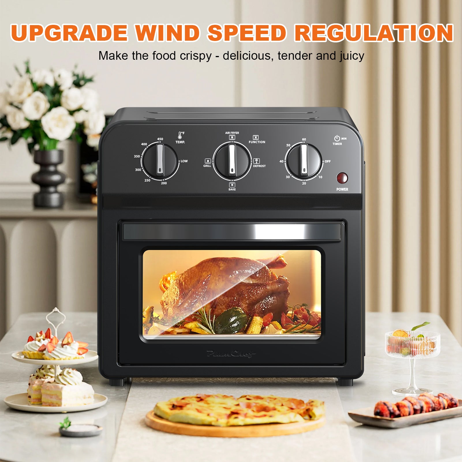 Plum Chef 13QT Air Fryer Toaster Oven Combo, 7-in-1 Countertop Convection Oven with 360° Hot Air Circulation for Healthy Oil-Free Cooking, Family Size, Includes Accessories & Adjustable Control - VANELC