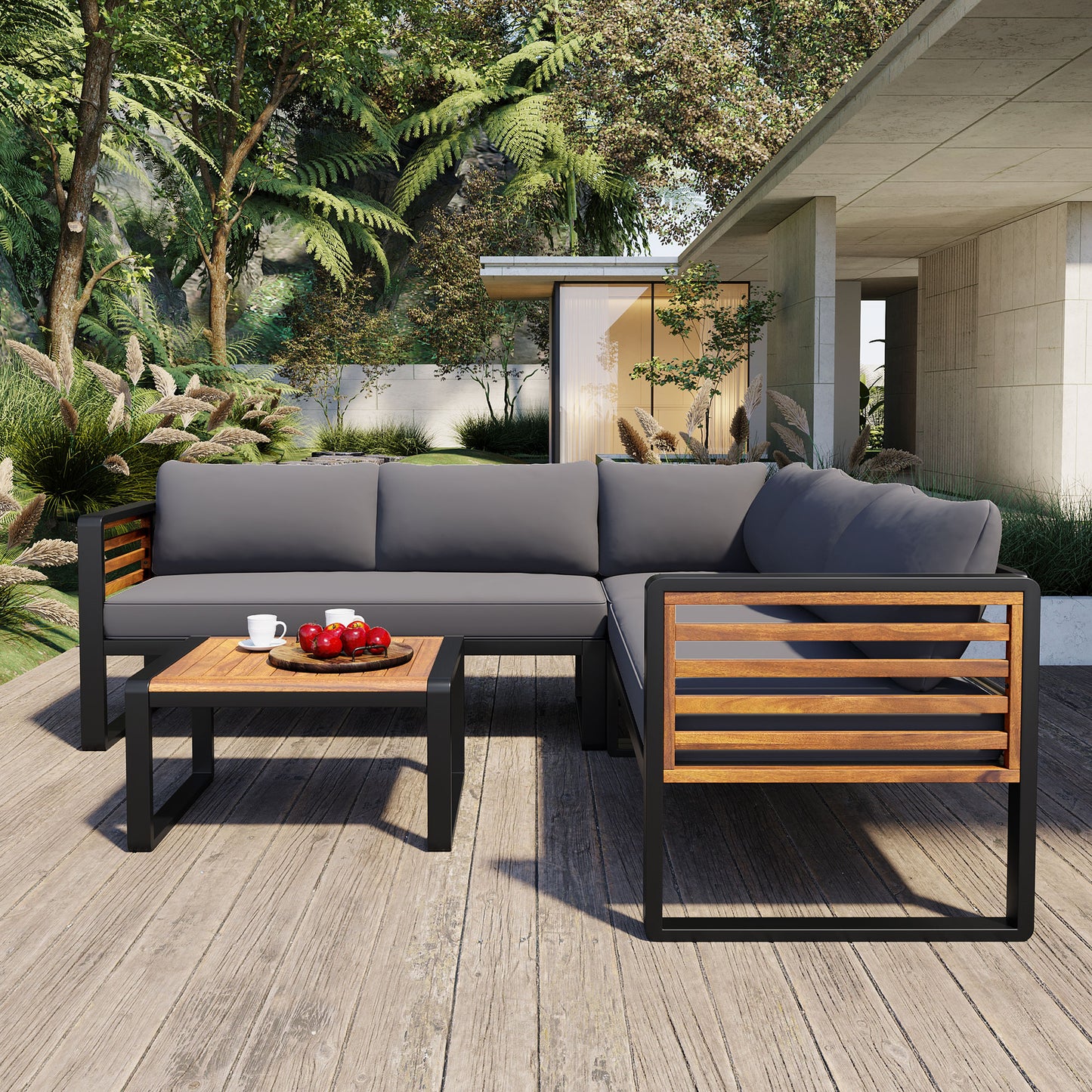 YIORTWO 4 Piece Patio Furniture Set, L-shaped Sofa with Gray Cushions & Acacia Wood Coffee Table, Black Metal Frame, Outdoor Modern Sectional Conversation Sofa Set for Deck, Yard, Porch, Garden - VANELC