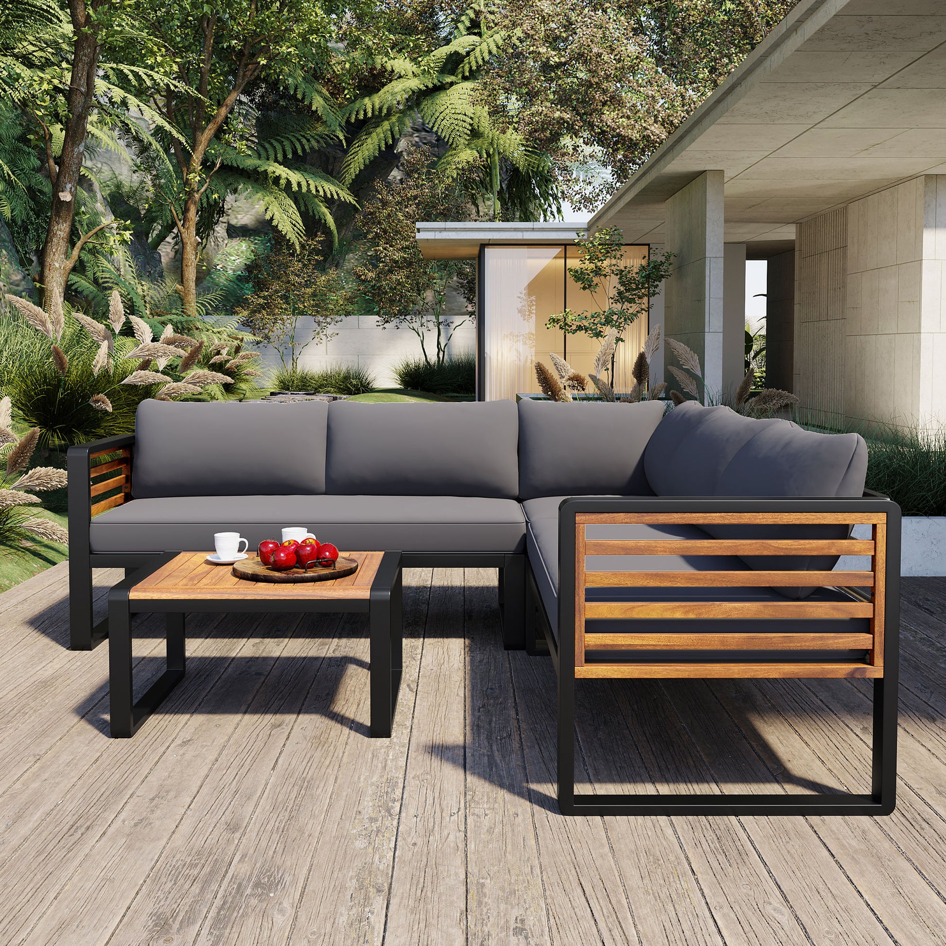 YIORTWO 4 Piece Patio Furniture Set, L-shaped Sofa with Gray Cushions & Acacia Wood Coffee Table, Black Metal Frame, Outdoor Modern Sectional Conversation Sofa Set for Deck, Yard, Porch, Garden - VANELC