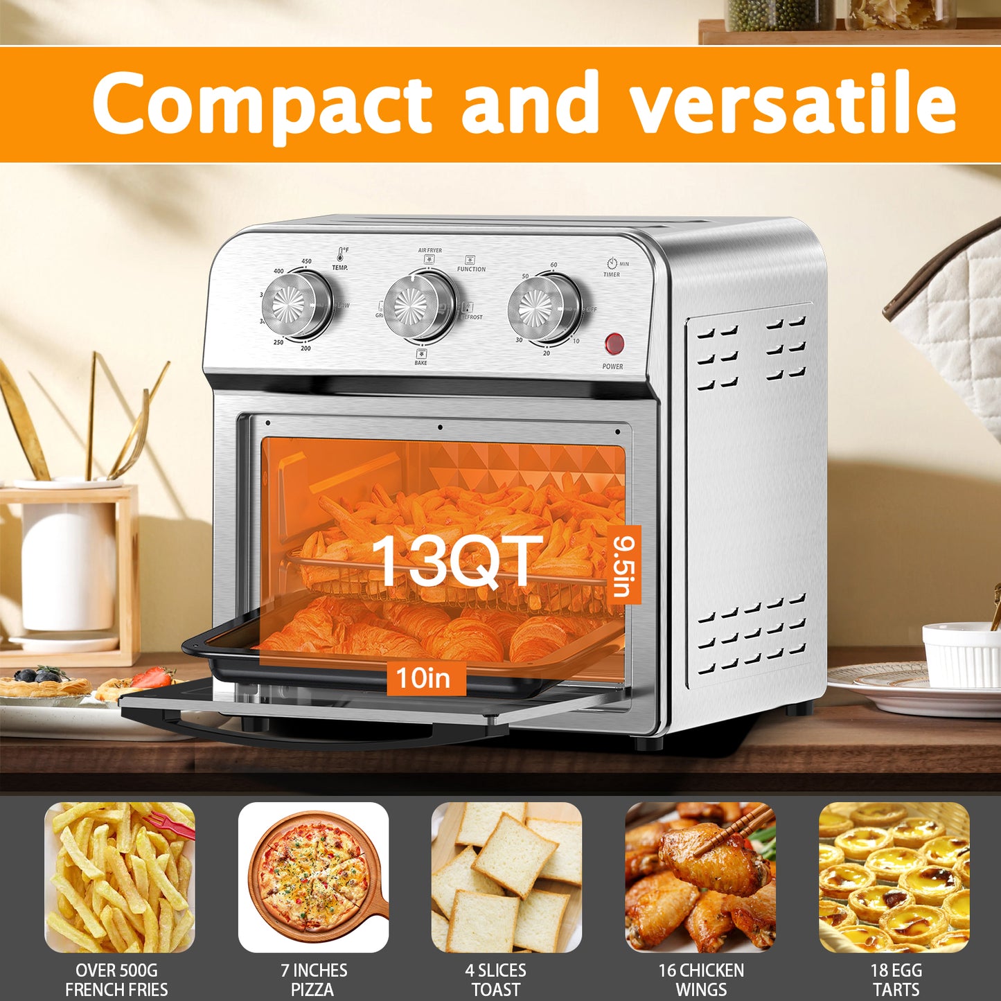 Plum Chef 13QT Air Fryer Toaster Oven Combo, 7-in-1 Multifunctional Countertop Oven with 360° Hot Air Circulation for Healthy Oil-Free Cooking, Family Size, Stainless Steel, Silver - VANELC