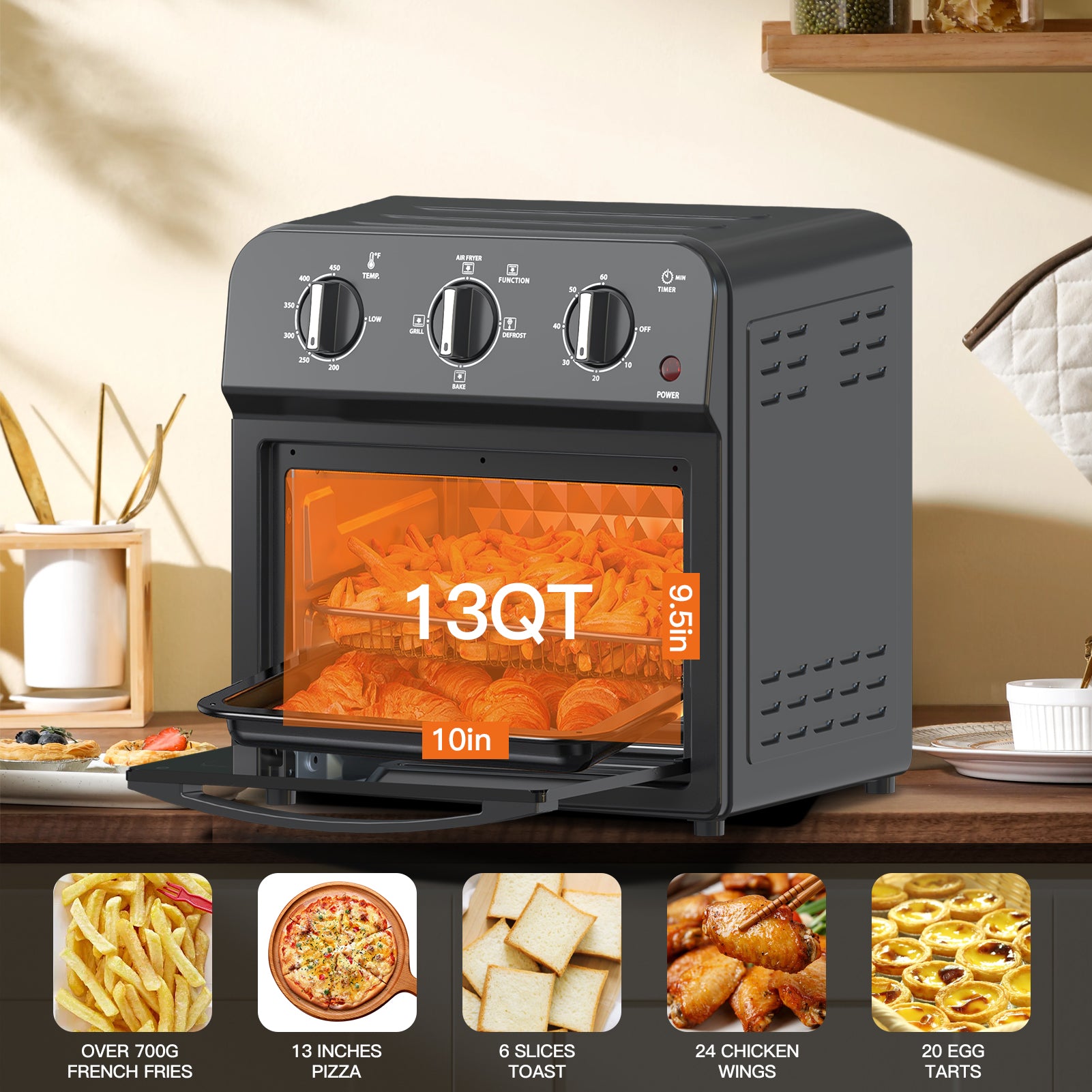 Plum Chef 13QT Air Fryer Toaster Oven Combo, 7-in-1 Countertop Convection Oven with 360° Hot Air Circulation for Healthy Oil-Free Cooking, Family Size, Includes Accessories & Adjustable Control - VANELC