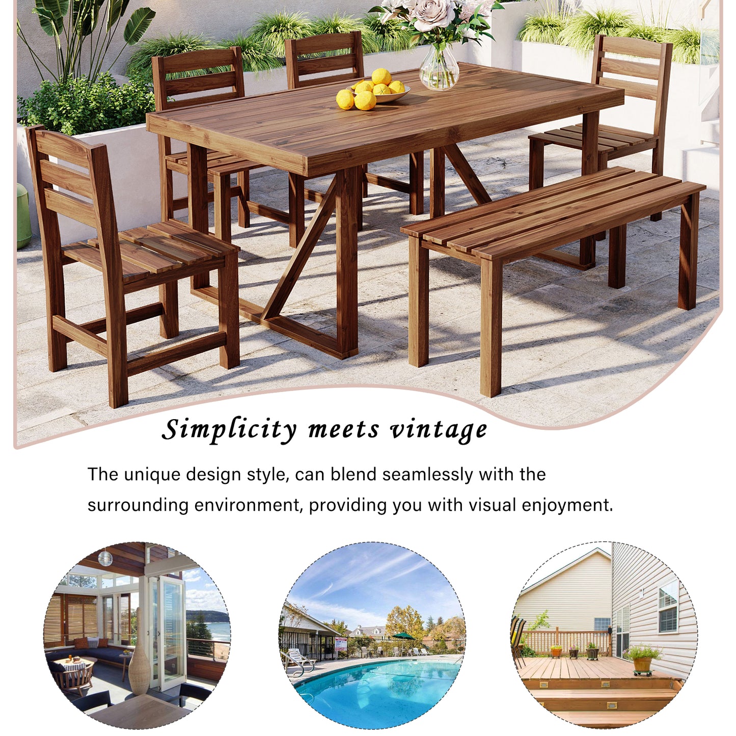 HighSound 6-Piece Outdoor Acacia Wood Dining Set, Patio Table and Chairs Set with Bench for 6-7 People, Outdoor Dining Furniture Set for Garden, Backyard and Poolside, Brown - VANELC