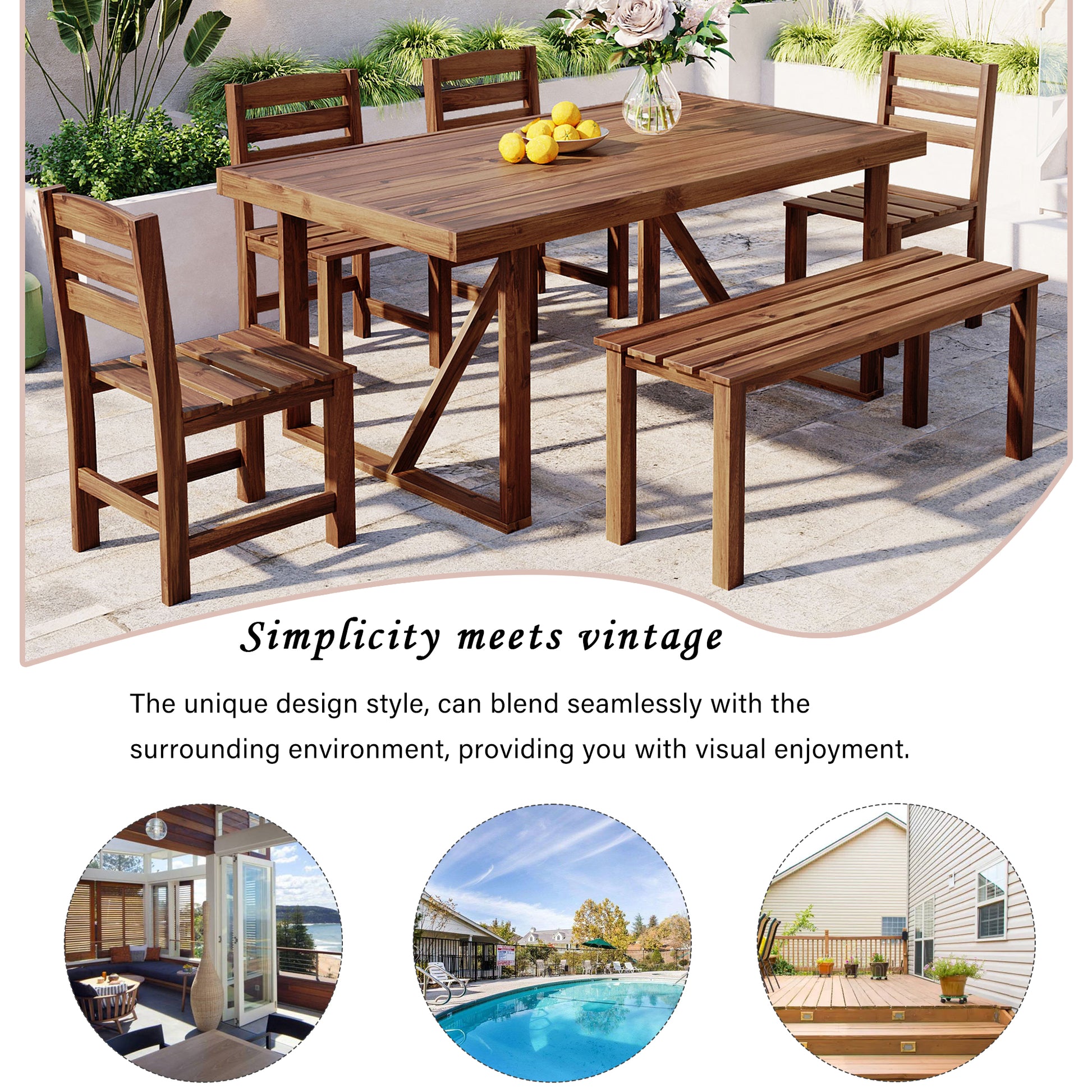 HighSound 6-Piece Outdoor Acacia Wood Dining Set, Patio Table and Chairs Set with Bench for 6-7 People, Outdoor Dining Furniture Set for Garden, Backyard and Poolside, Brown - VANELC
