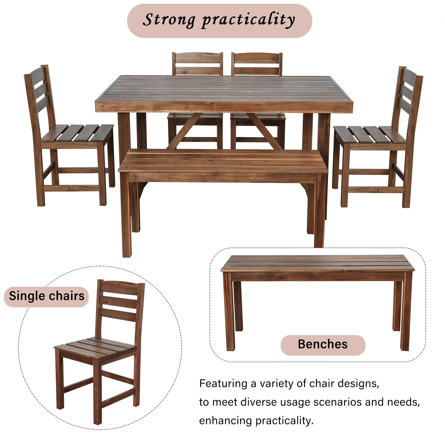 HighSound 6-Piece Outdoor Acacia Wood Dining Set, Patio Table and Chairs Set with Bench for 6-7 People, Outdoor Dining Furniture Set for Garden, Backyard and Poolside, Brown - VANELC