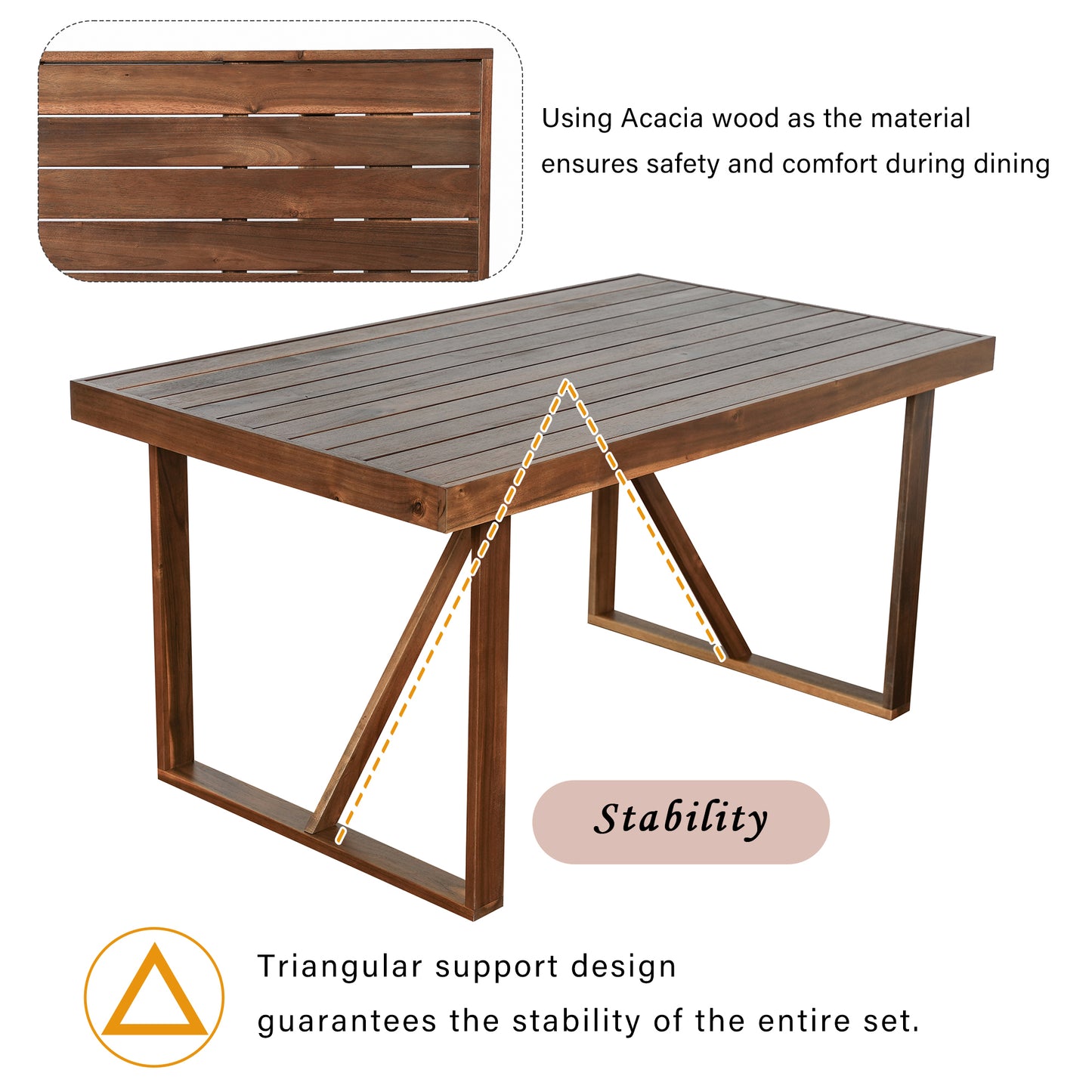 HighSound 6-Piece Outdoor Acacia Wood Dining Set, Patio Table and Chairs Set with Bench for 6-7 People, Outdoor Dining Furniture Set for Garden, Backyard and Poolside, Brown - VANELC