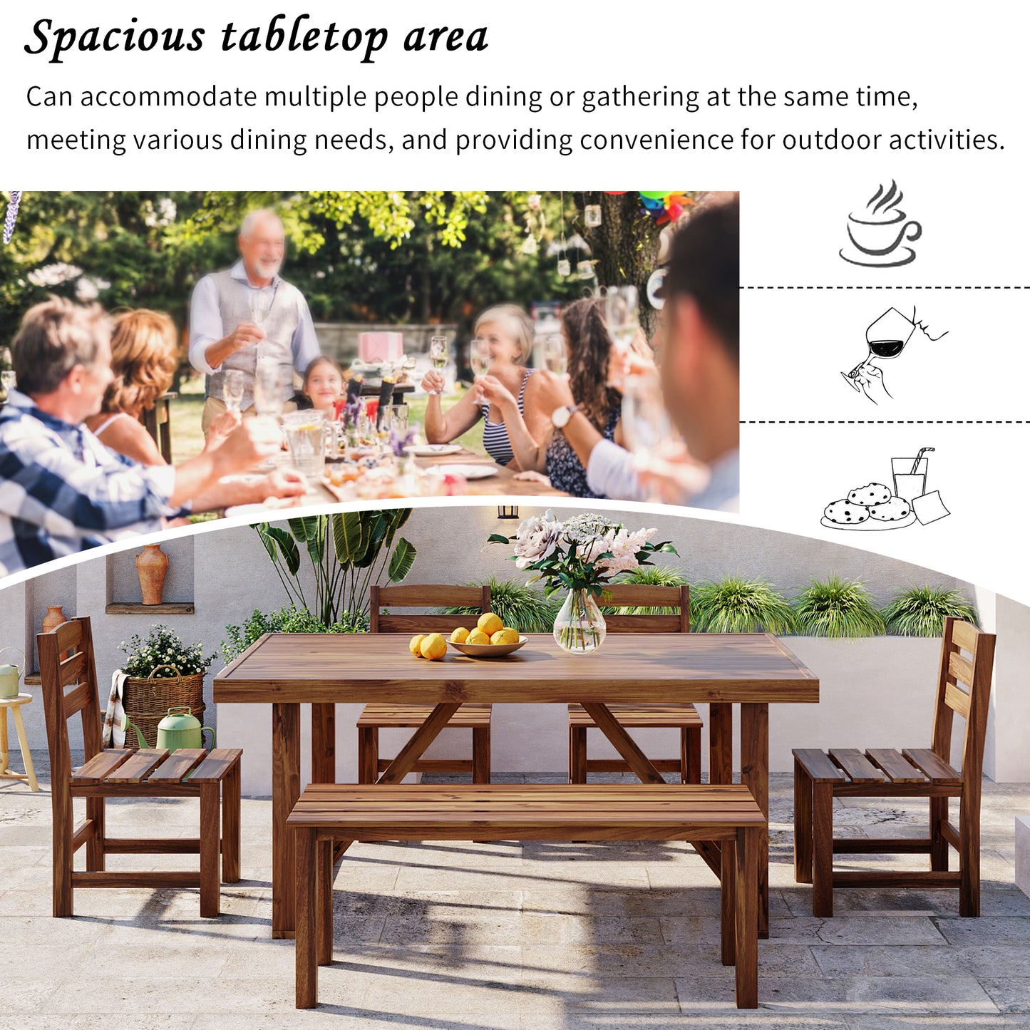 HighSound 6-Piece Outdoor Acacia Wood Dining Set, Patio Table and Chairs Set with Bench for 6-7 People, Outdoor Dining Furniture Set for Garden, Backyard and Poolside, Brown - VANELC