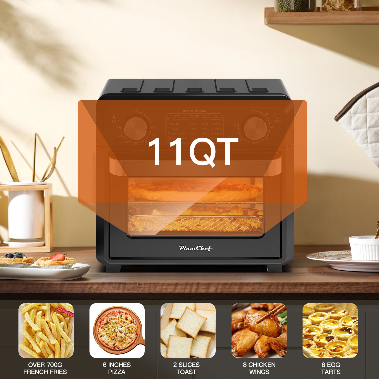 Plum Chef 11QT Air Fryer Toaster Oven, 6-in-1 Countertop Oven with 60-Min Timer, 1000W, 5 Preset Menus, Oil-Free Cooking, Includes Accessories – Ideal Holiday Gift - VANELC