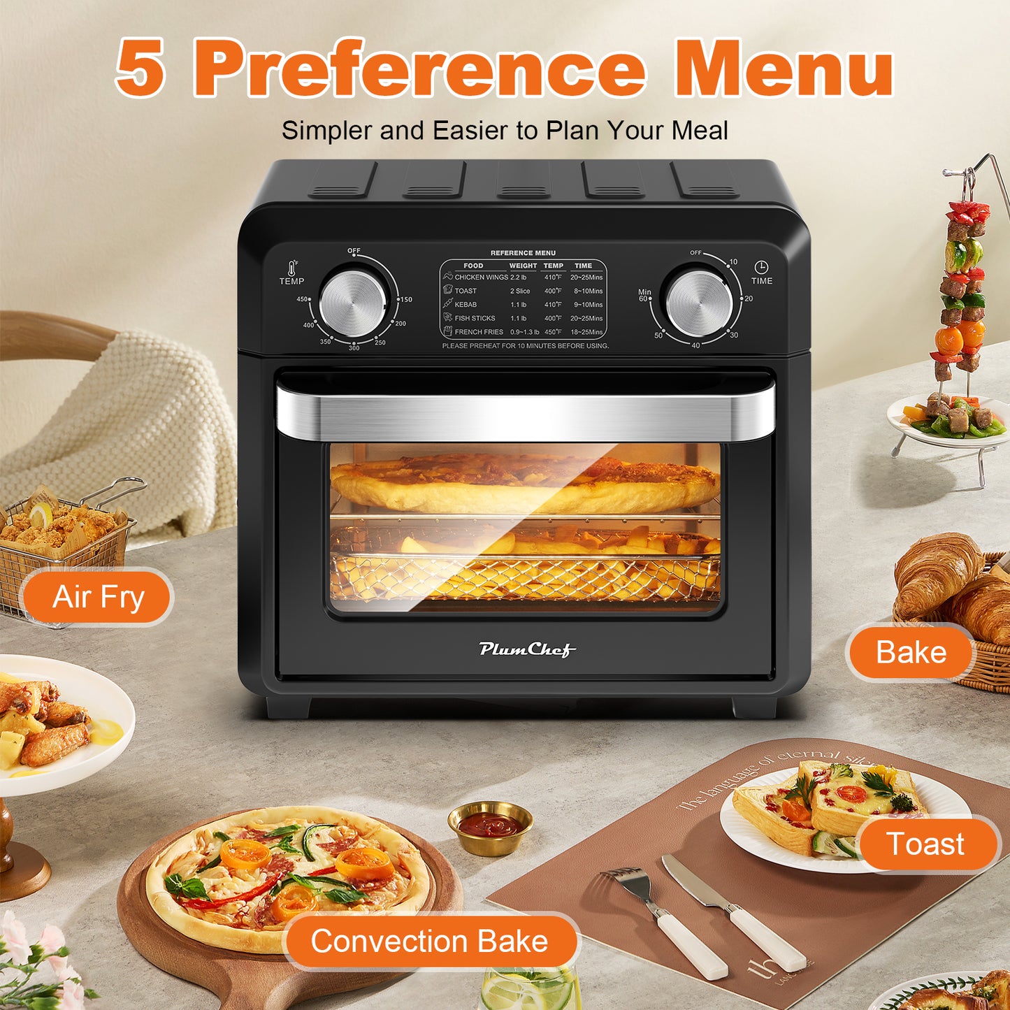 Plum Chef 11QT Air Fryer Toaster Oven, 6-in-1 Countertop Oven with 60-Min Timer, 1000W, 5 Preset Menus, Oil-Free Cooking, Includes Accessories – Ideal Holiday Gift - VANELC