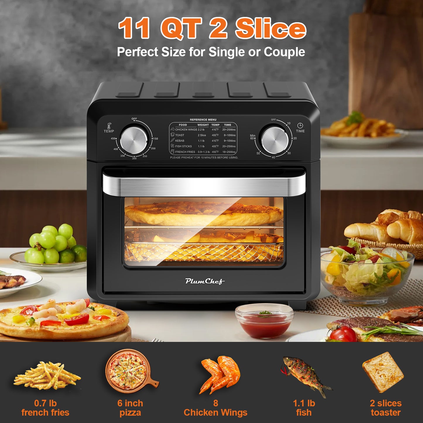 Plum Chef 11QT Air Fryer Toaster Oven, 6-in-1 Countertop Oven with 60-Min Timer, 1000W, 5 Preset Menus, Oil-Free Cooking, Includes Accessories – Ideal Holiday Gift - VANELC
