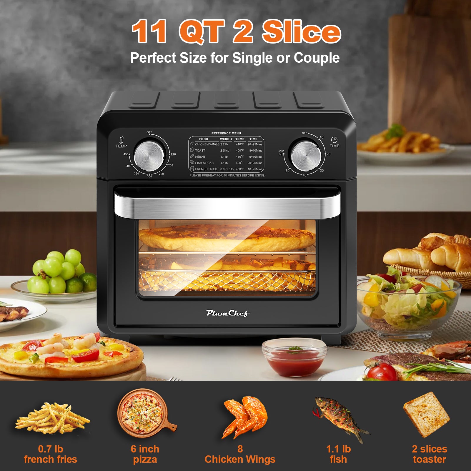 Plum Chef 11QT Air Fryer Toaster Oven, 6-in-1 Countertop Oven with 60-Min Timer, 1000W, 5 Preset Menus, Oil-Free Cooking, Includes Accessories – Ideal Holiday Gift - VANELC