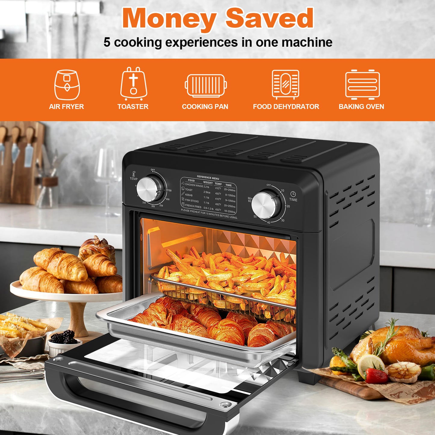 Plum Chef 11QT Air Fryer Toaster Oven, 6-in-1 Countertop Oven with 60-Min Timer, 1000W, 5 Preset Menus, Oil-Free Cooking, Includes Accessories – Ideal Holiday Gift - VANELC