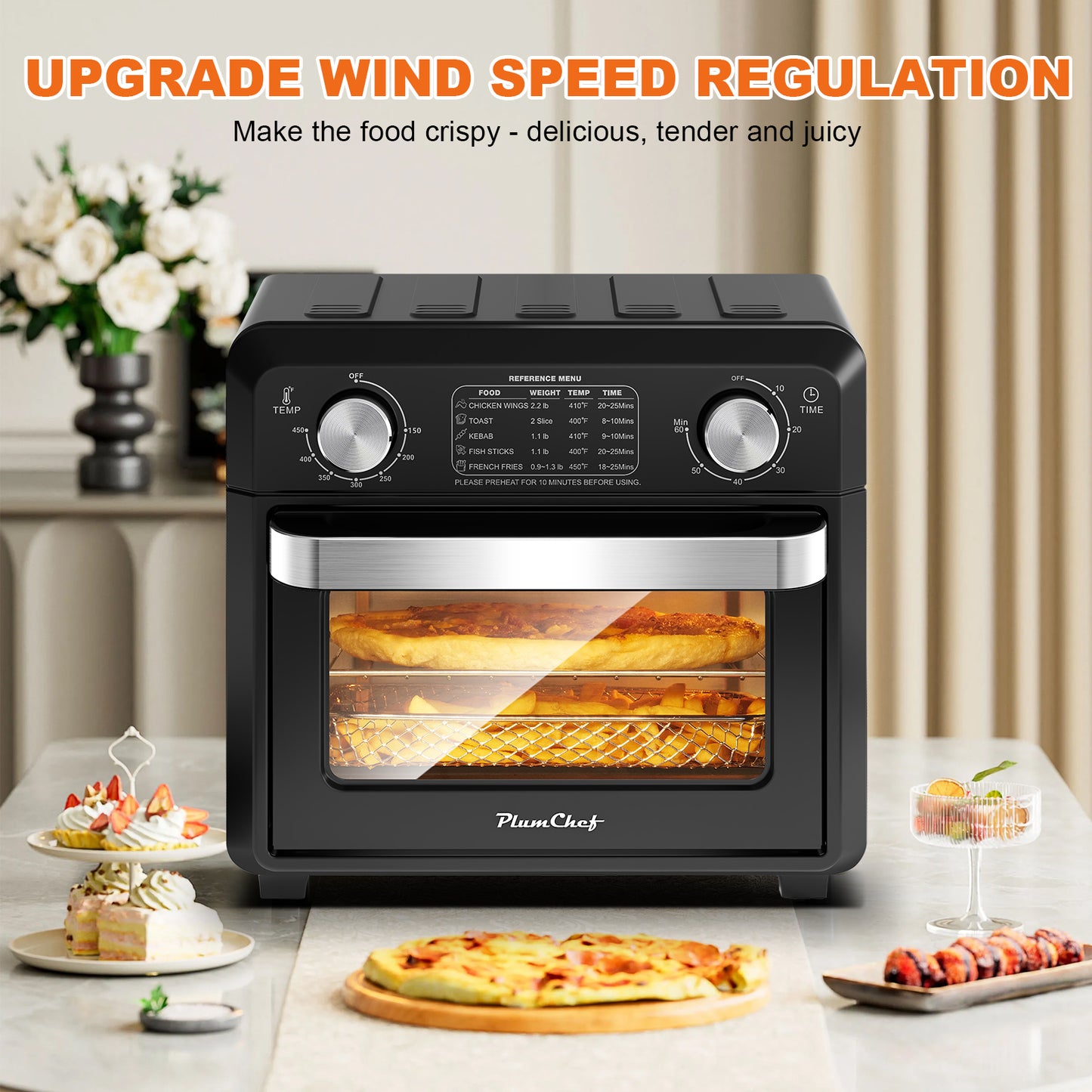 Plum Chef 11QT Air Fryer Toaster Oven, 6-in-1 Countertop Oven with 60-Min Timer, 1000W, 5 Preset Menus, Oil-Free Cooking, Includes Accessories – Ideal Holiday Gift - VANELC