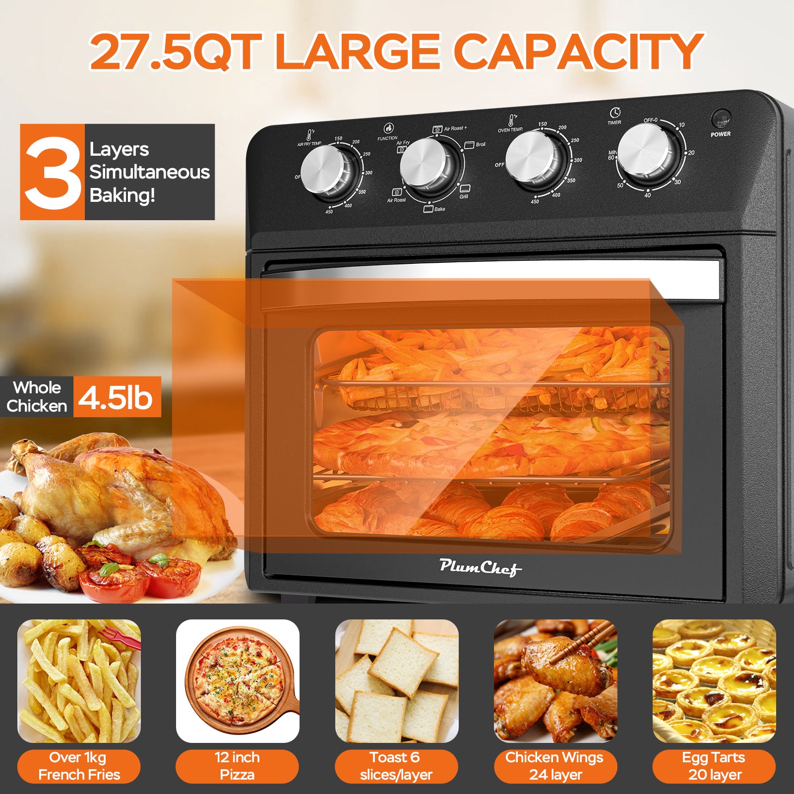 Plum Chef 27.5QT Air Fryer, 6-in-1 Extra Large Air Fryer Toaster Oven with 7 Presets for Roasting, Baking & Frying, Accessories Included, Stainless Steel Finish, Black - VANELC