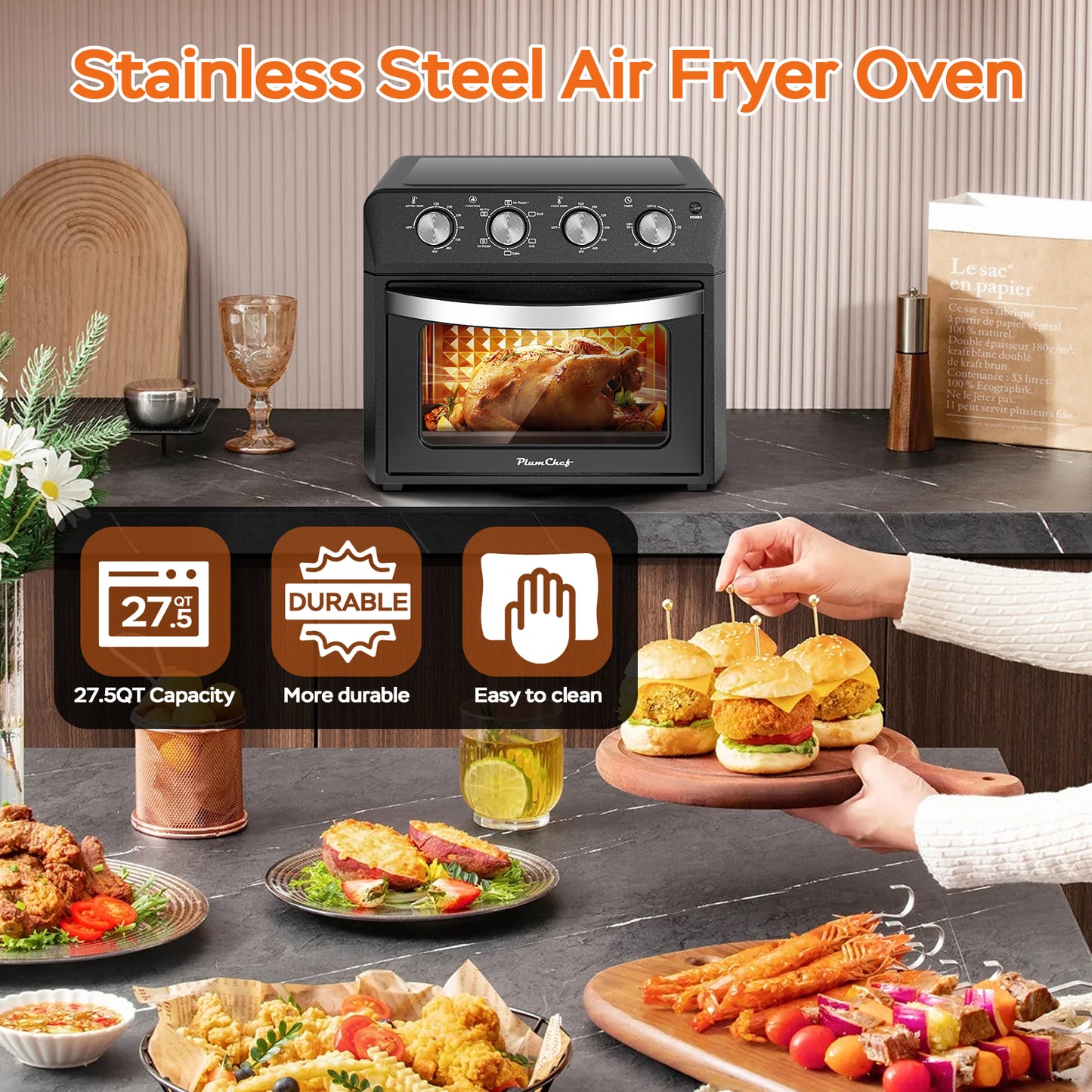 Plum Chef 27.5QT Air Fryer, 6-in-1 Extra Large Air Fryer Toaster Oven with 7 Presets for Roasting, Baking & Frying, Accessories Included, Stainless Steel Finish, Black - VANELC