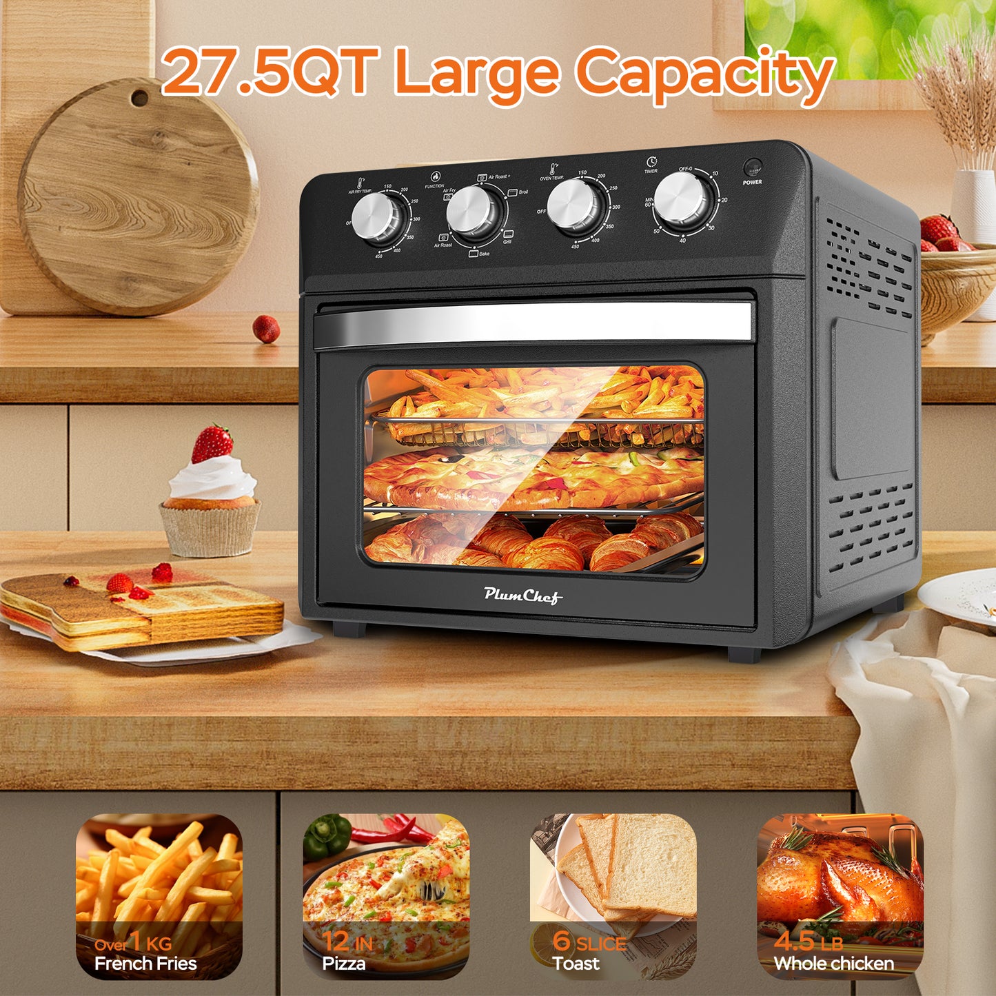 Plum Chef 27.5QT Air Fryer, 6-in-1 Extra Large Air Fryer Toaster Oven with 7 Presets for Roasting, Baking & Frying, Accessories Included, Stainless Steel Finish, Black - VANELC