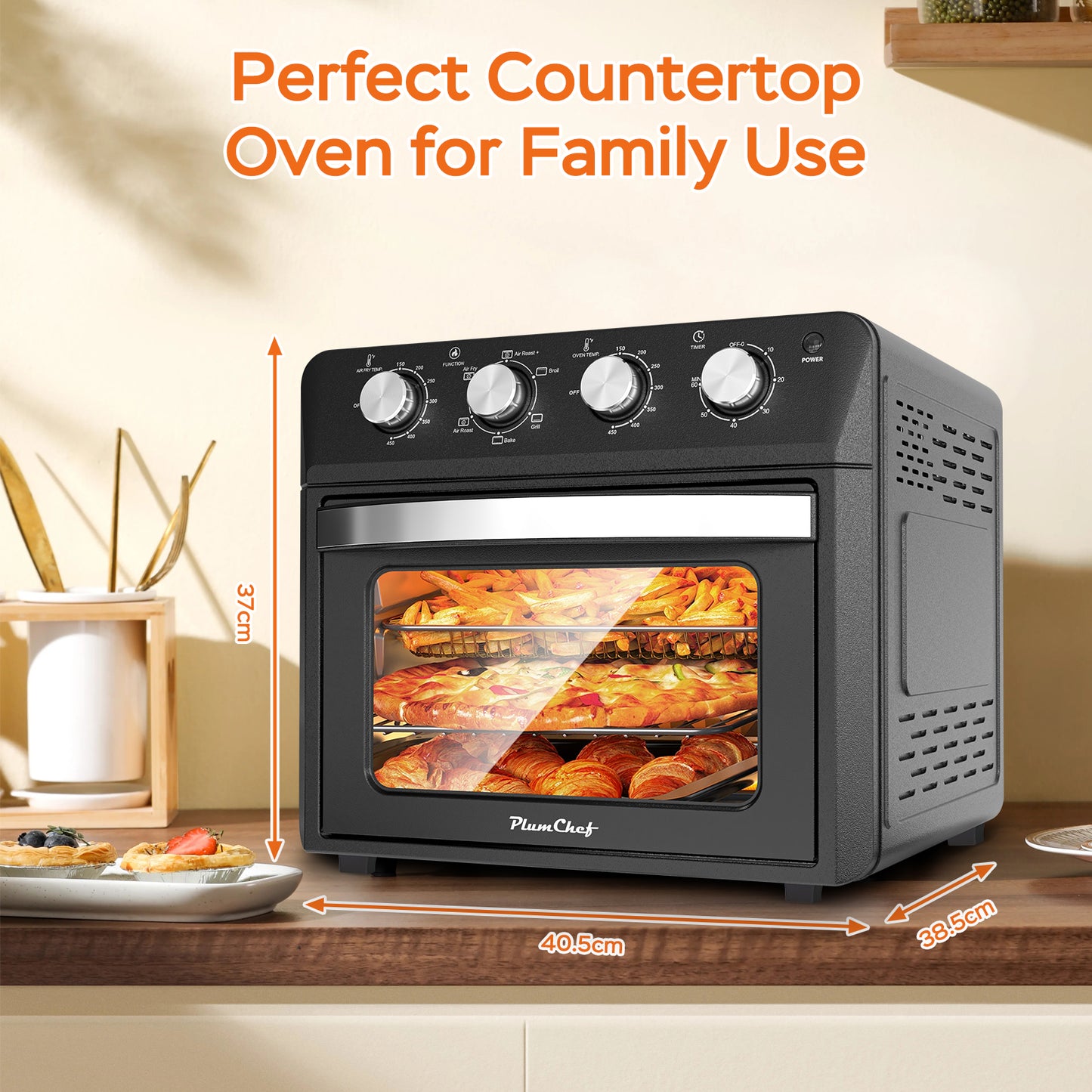 Plum Chef 27.5QT Air Fryer, 6-in-1 Extra Large Air Fryer Toaster Oven with 7 Presets for Roasting, Baking & Frying, Accessories Included, Stainless Steel Finish, Black - VANELC
