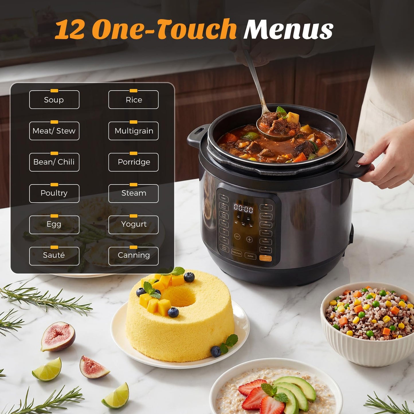 Plum Chef 16-in-1 Electric Pressure Cooker, 6-Quart Multi-Cooker with 12 Presets and Ceramic Inner Pot, Slow Cooker, Rice Cooker & Steamer, Black - VANELC