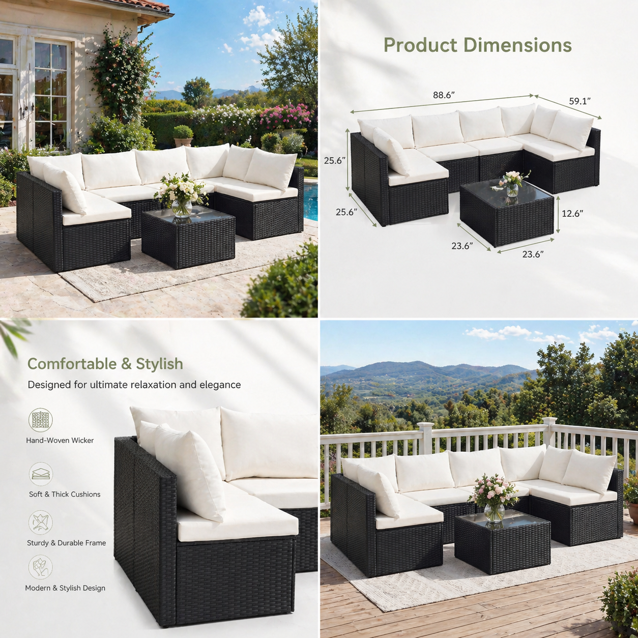 YIORTWO 7-Piece Outdoor Patio Furniture Set, Modular Wicker Sectional Sofa with 2.8" Thick Cushions, All-Weather Rattan Conversation Set with Tempered Glass Table, Black - VANELC