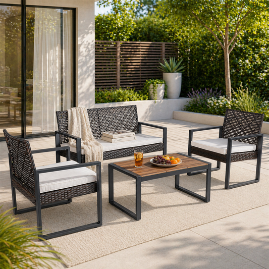 YIORTWO 4-Piece Patio Furniture Set, Outdoor Wicker Conversation Set with Acacia Wood Coffee Table and Beige Cushions, Brown - VANELC