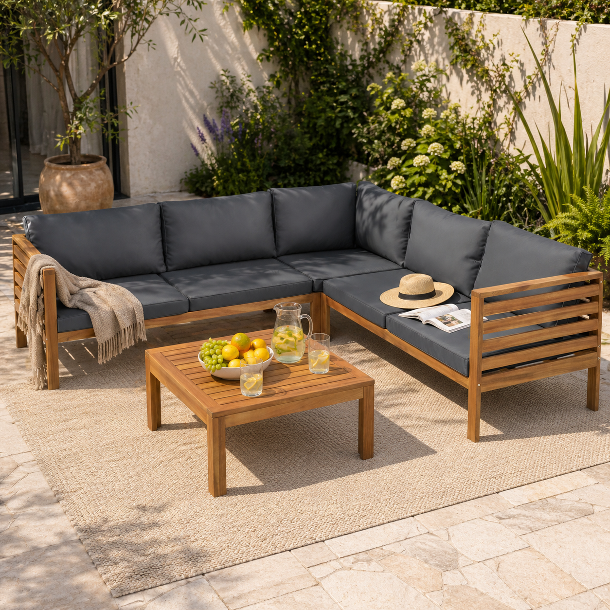 YIORTWO Acacia Wood Outdoor Sofa Set, 4-Piece Modular L-Shaped Sectional with Beige Cushions, Coffee Table, Water-Resistant & UV-Protected, Gray - VANELC
