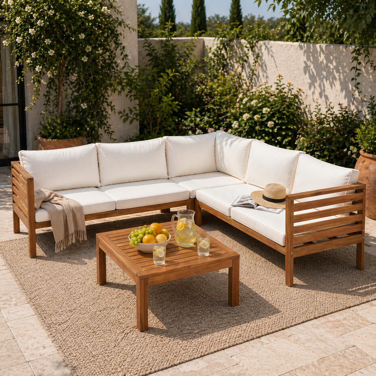 YIORTWO Acacia Wood Outdoor Sofa Set, 4-Piece Modular L-Shaped Sectional with Beige Cushions, Coffee Table, Water-Resistant & UV-Protected, Beige - VANELC