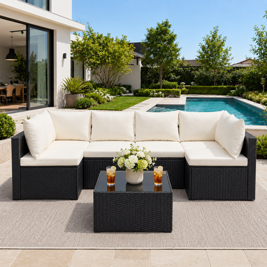 YIORTWO 7-Piece Outdoor Patio Furniture Set, Modular Wicker Sectional Sofa with 2.8" Thick Cushions, All-Weather Rattan Conversation Set with Tempered Glass Table, Black - VANELC